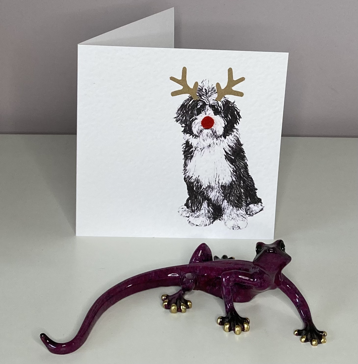 Bernedoodle with reindeer antlers and red nose Christmas card by Louisa Hill