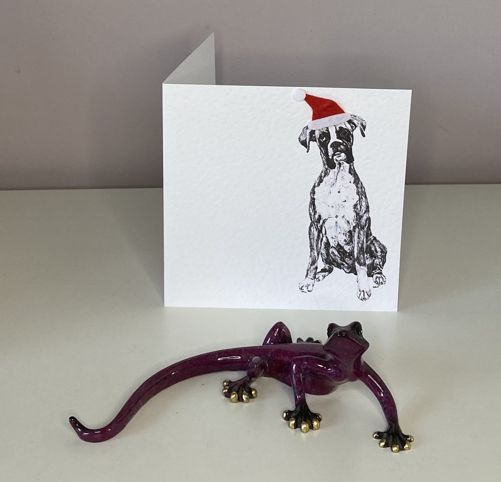 Boxer with Santa hat Christmas card by Louisa Hill