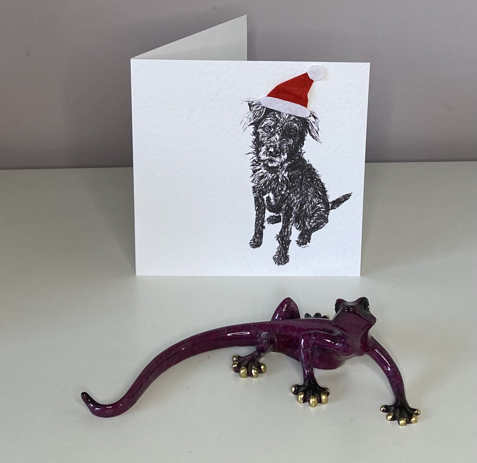 Patterdale Terrier with Santa hat Christmas card by Louisa Hill