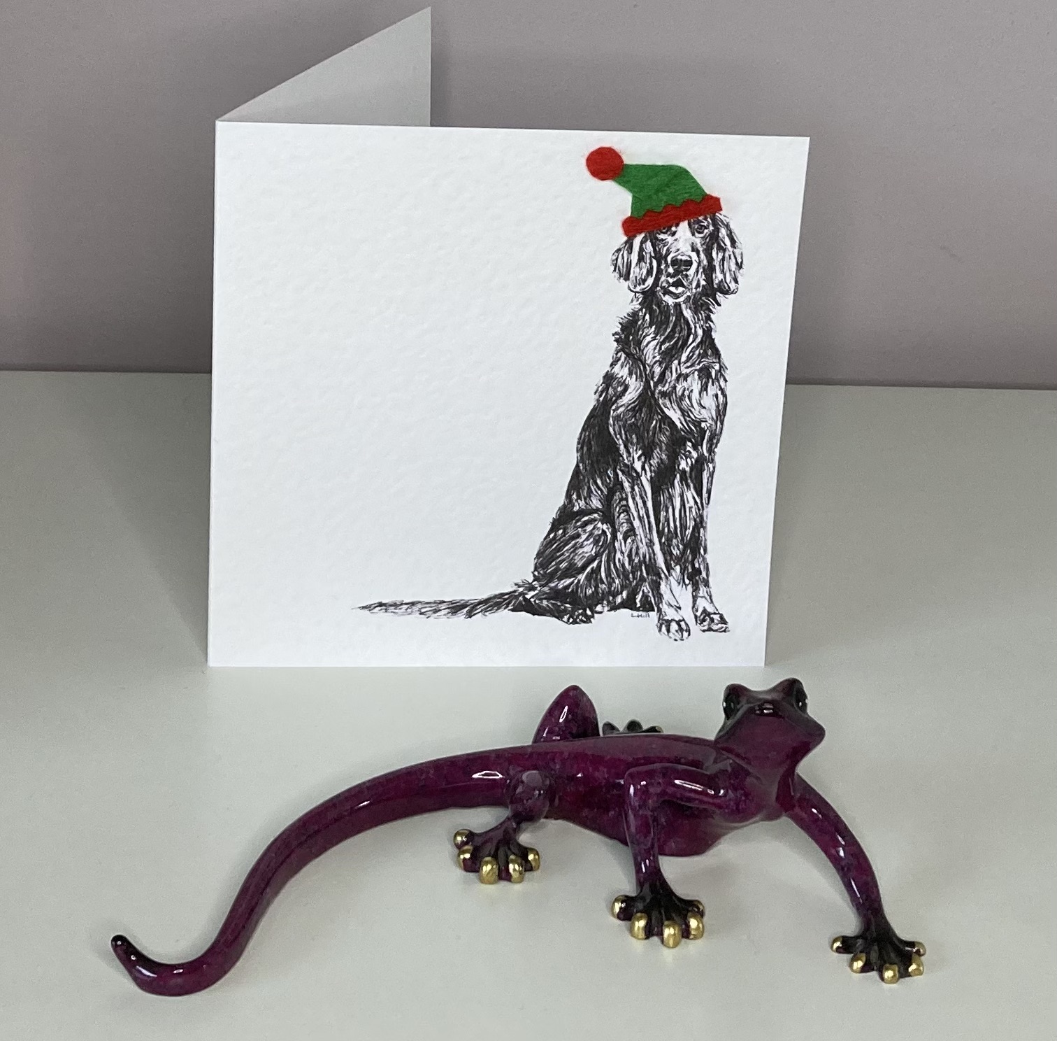 English Setter with elf hat Christmas card by Louisa Hill