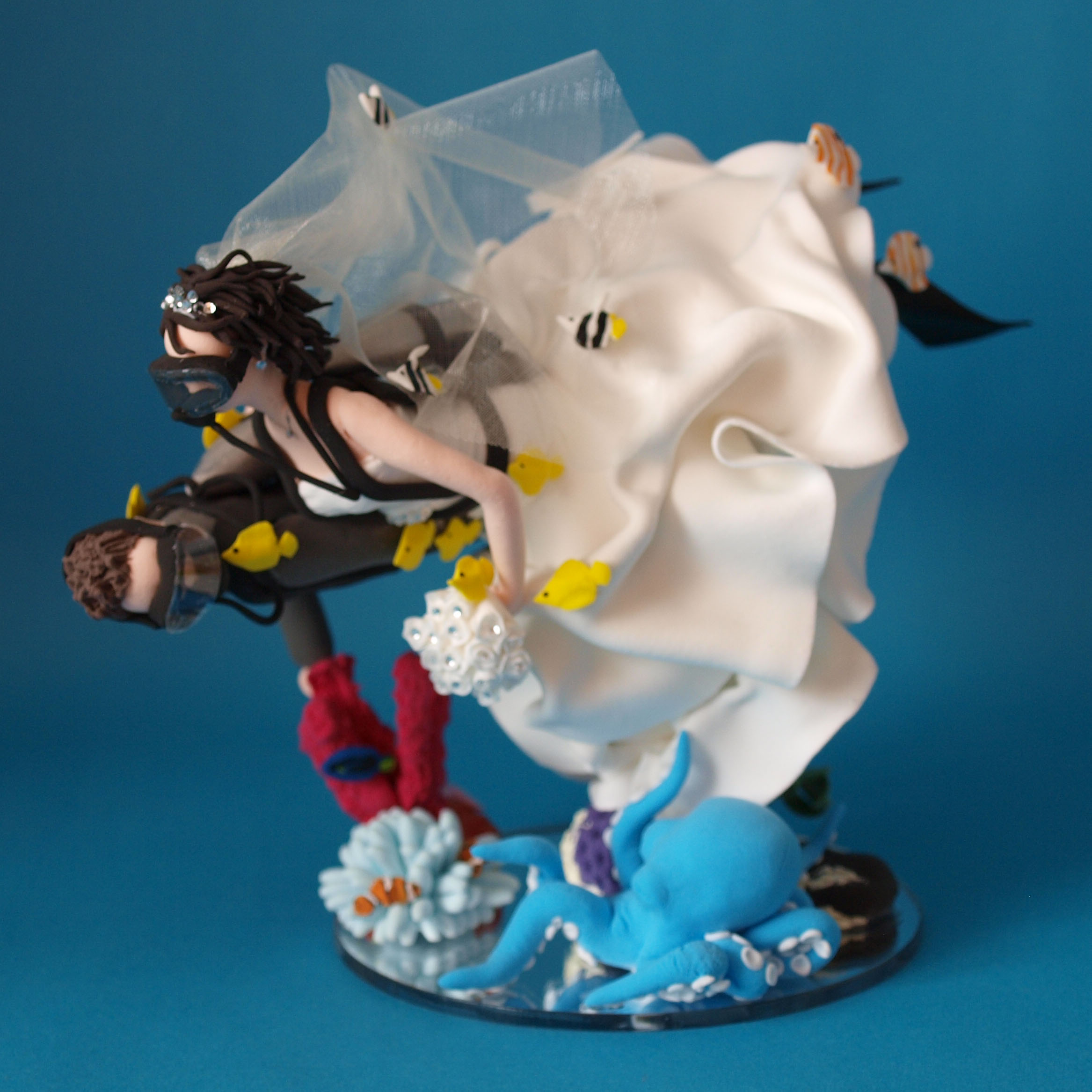 Scuba Diving Bride and groom with octopus wedding cake topper by Louisa Hill