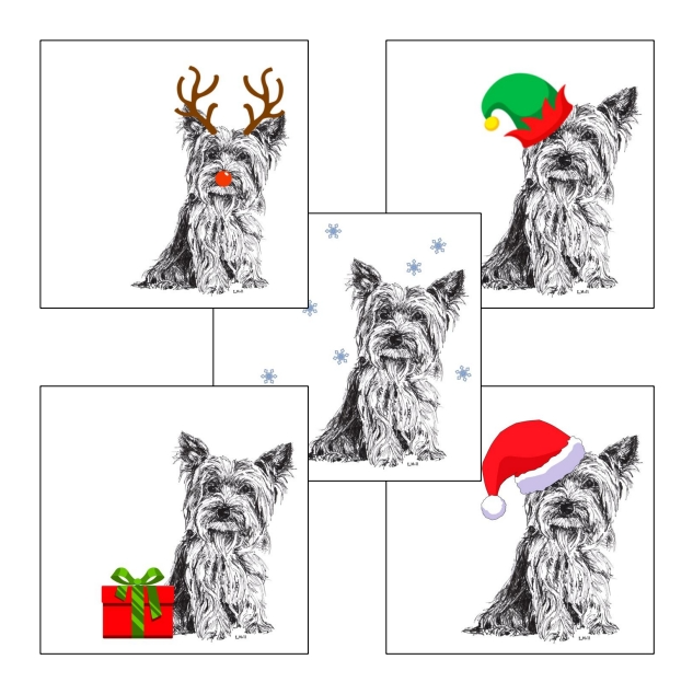 Yorkshire Terrier with Santa hat Christmas card by Louisa Hill