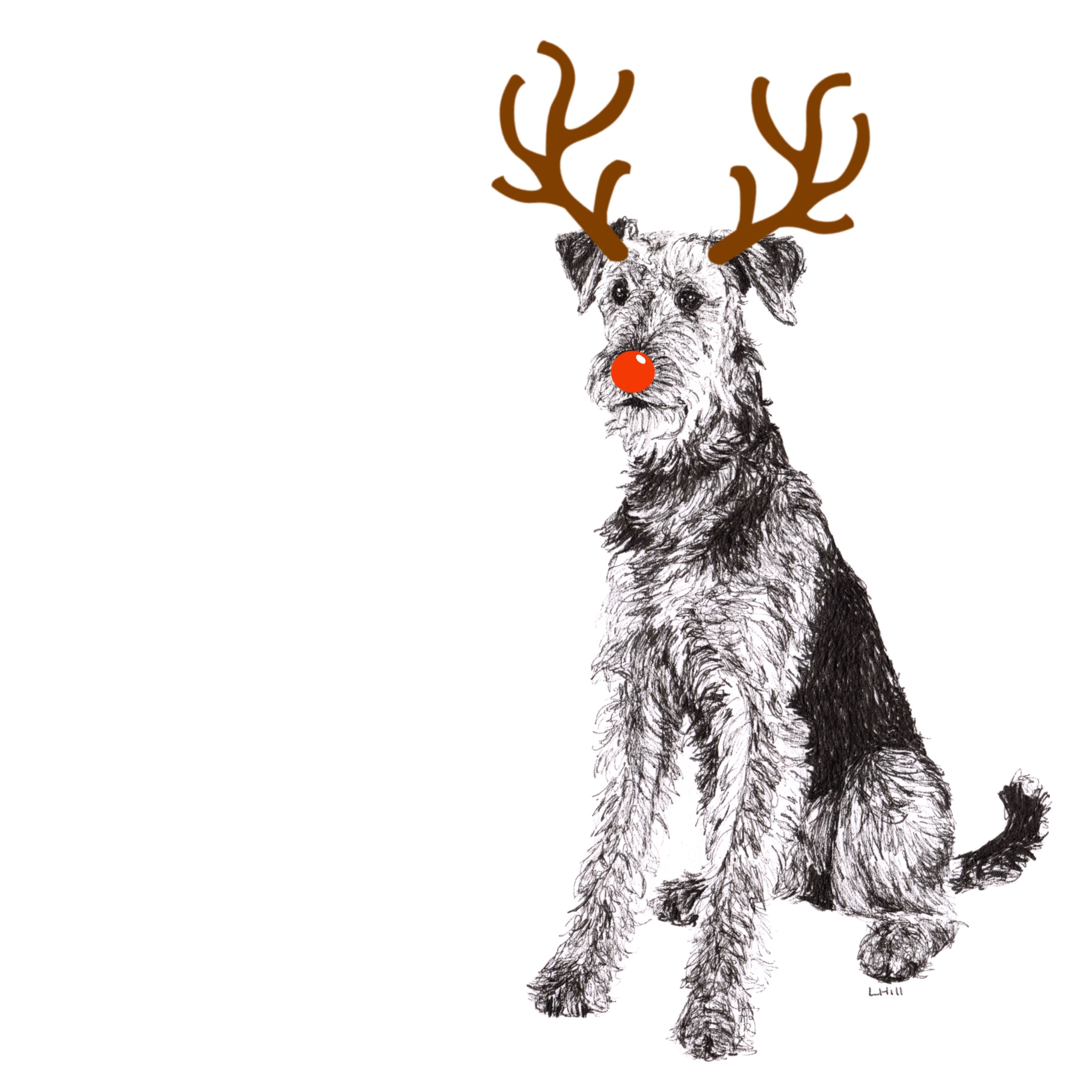 Airedale Terrier with reindeer antlers and red nose Christmas card by Louisa Hill