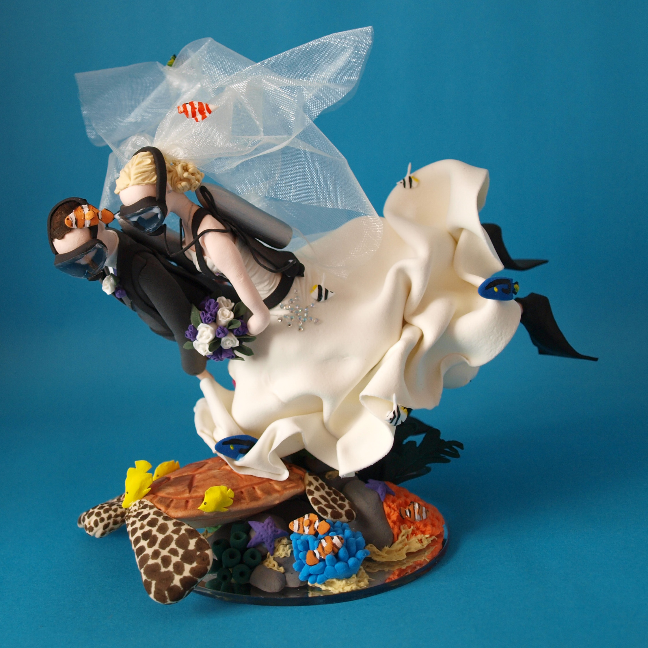 Scuba Diving Bride and groom with sea turtle wedding cake topper by Louisa Hill