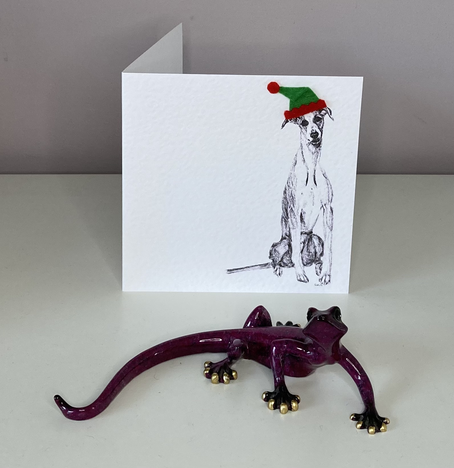 Whippet with elf hat Christmas card by Louisa Hill