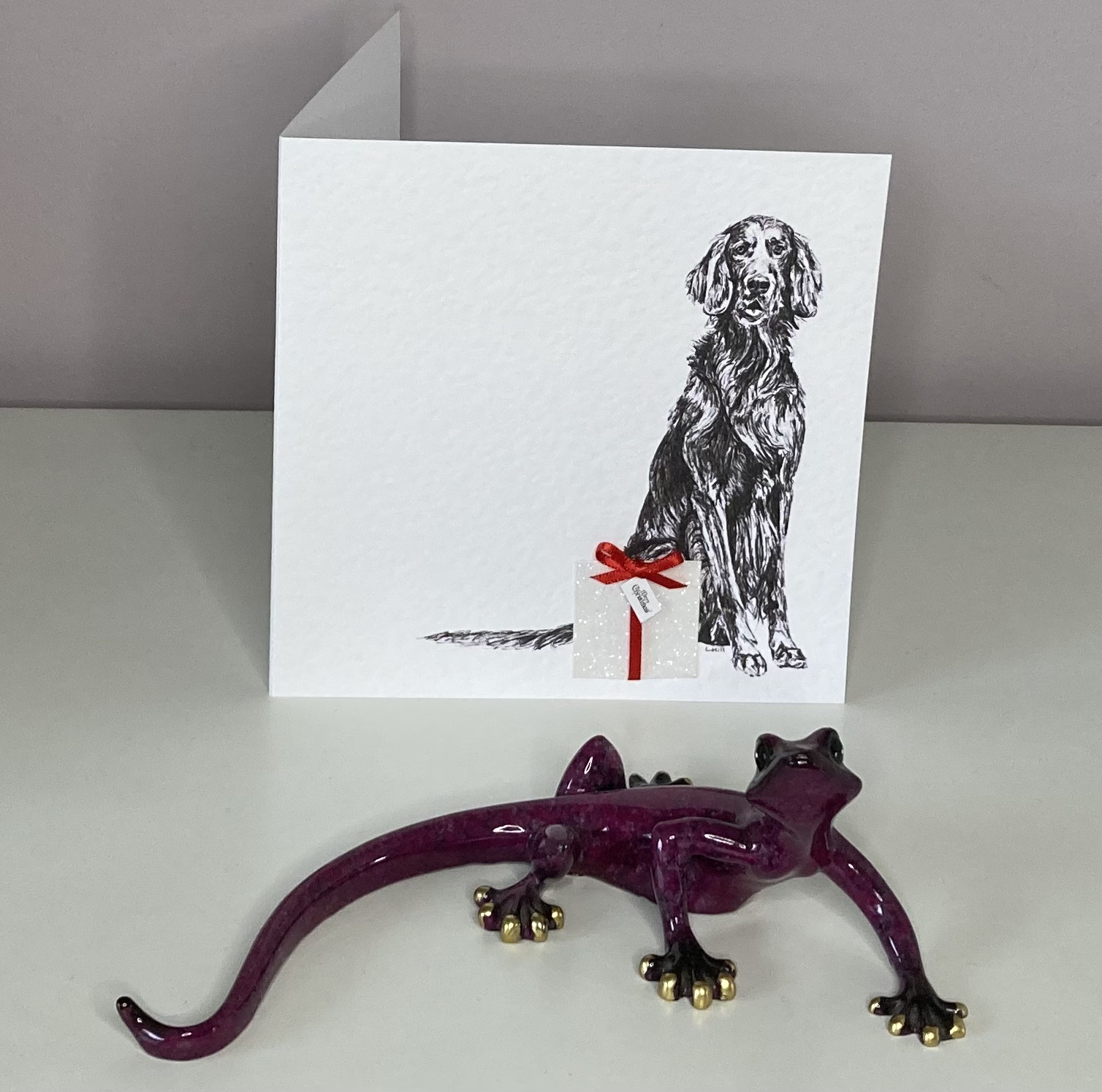 English Setter with Christmas present Christmas card by Louisa Hill