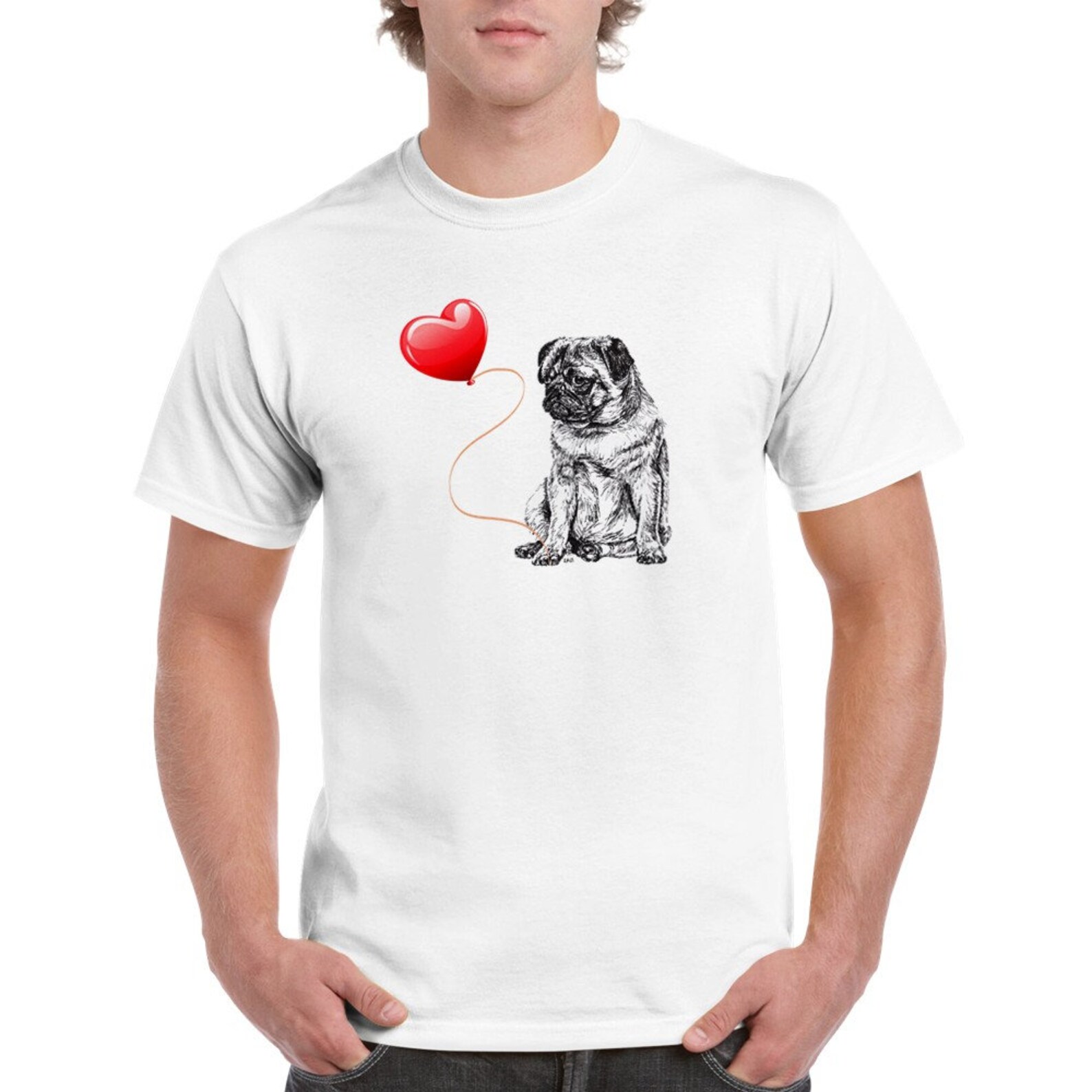 Pug with red heart t-shirt by Louisa Hill