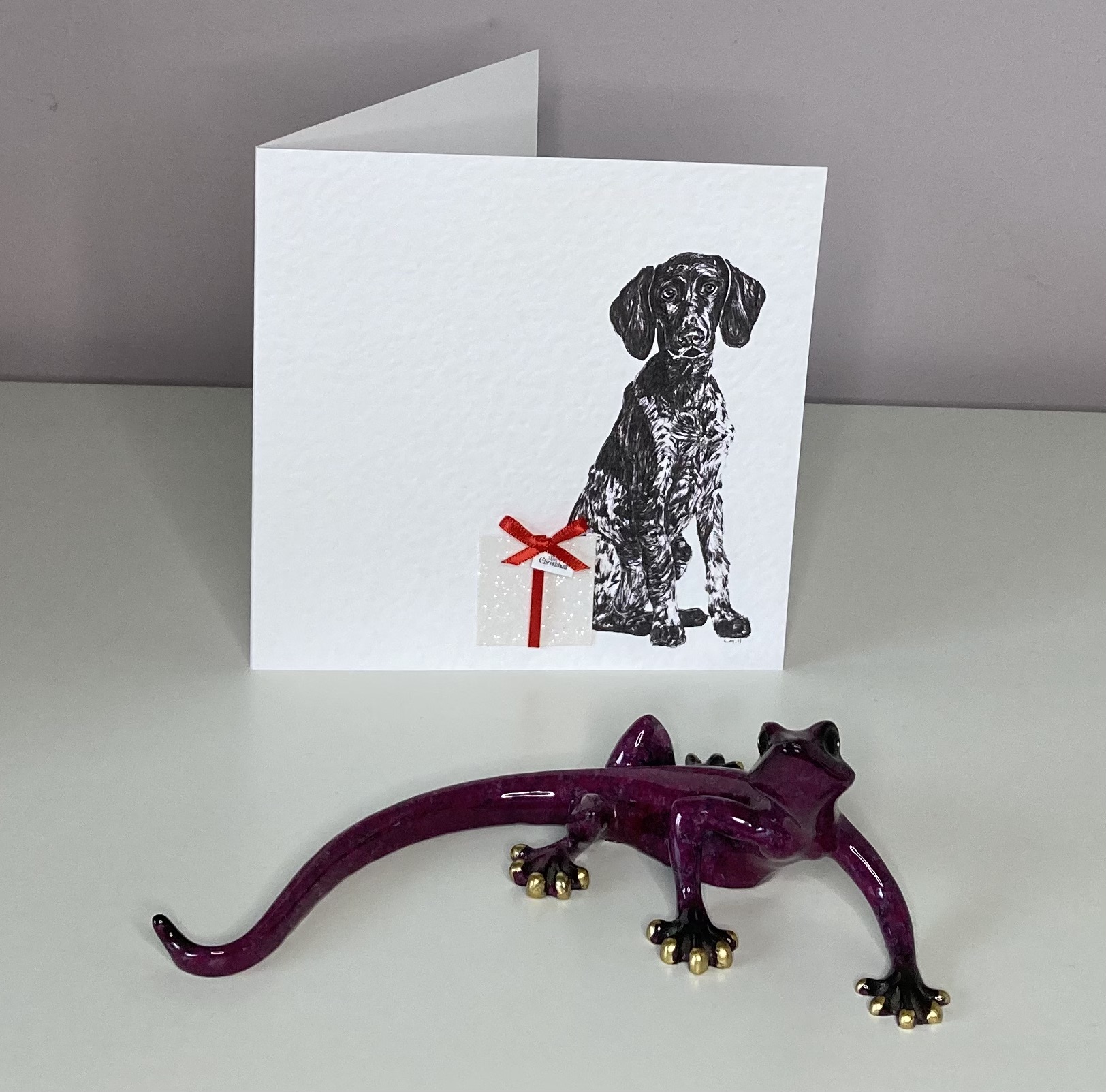 German Short Haired Pointer with Christmas present Christmas card by Louisa Hill