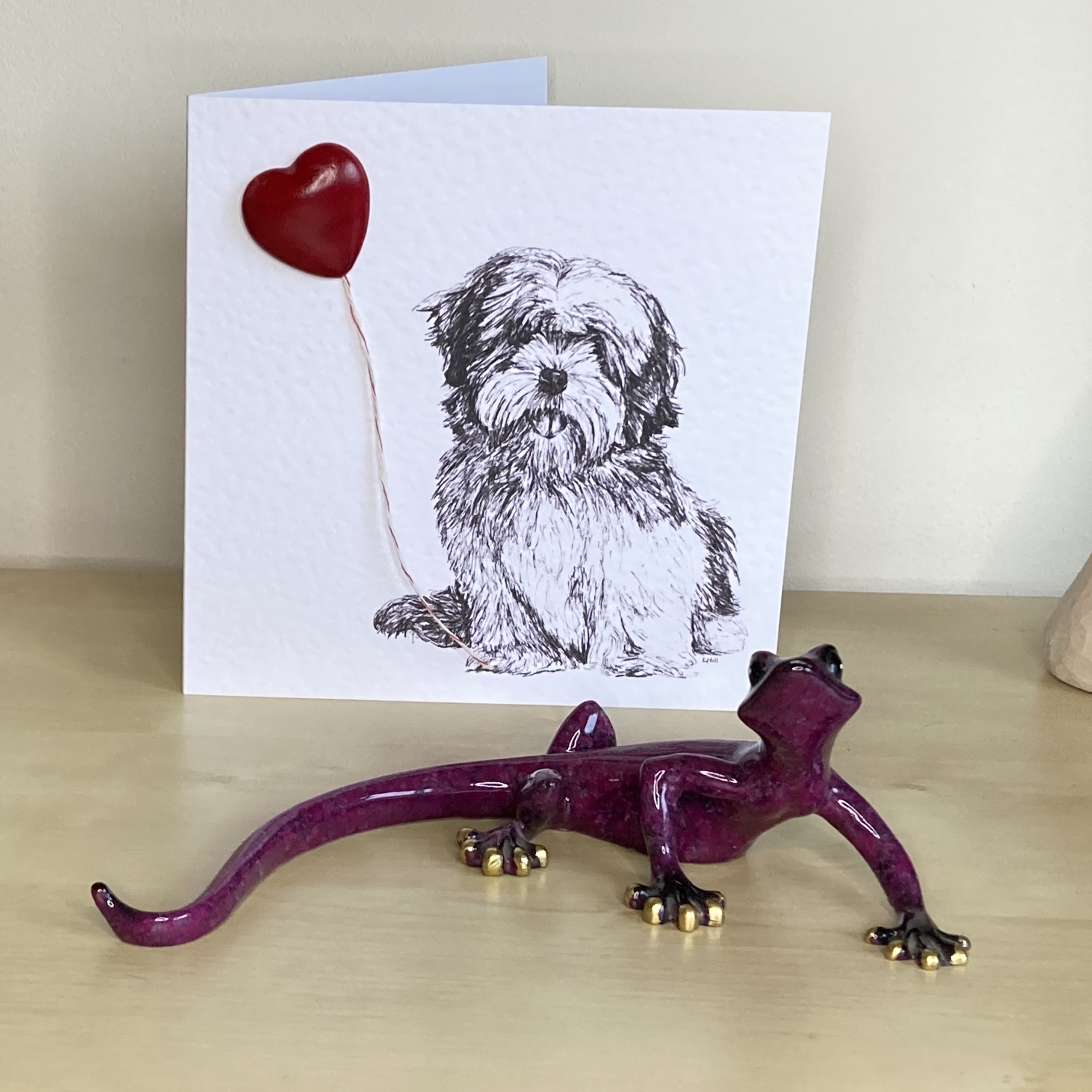 Lhasa Apso 15cm greetings card with 3D red heart balloon