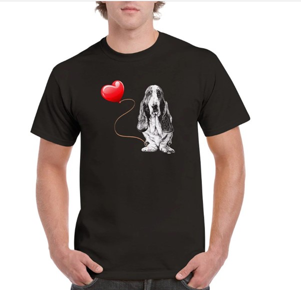 Basset Hound with red heart t-shirt by Louisa Hill