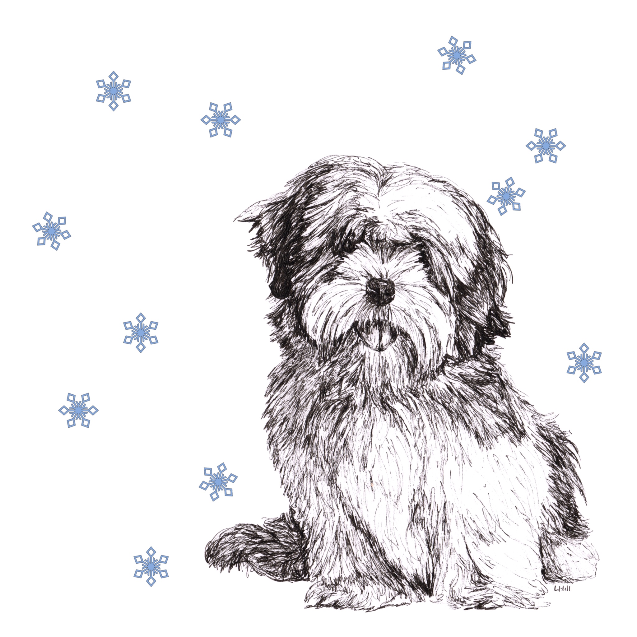 Lhasa Apso with reindeer antlers and red nose Christmas card by Louisa Hill