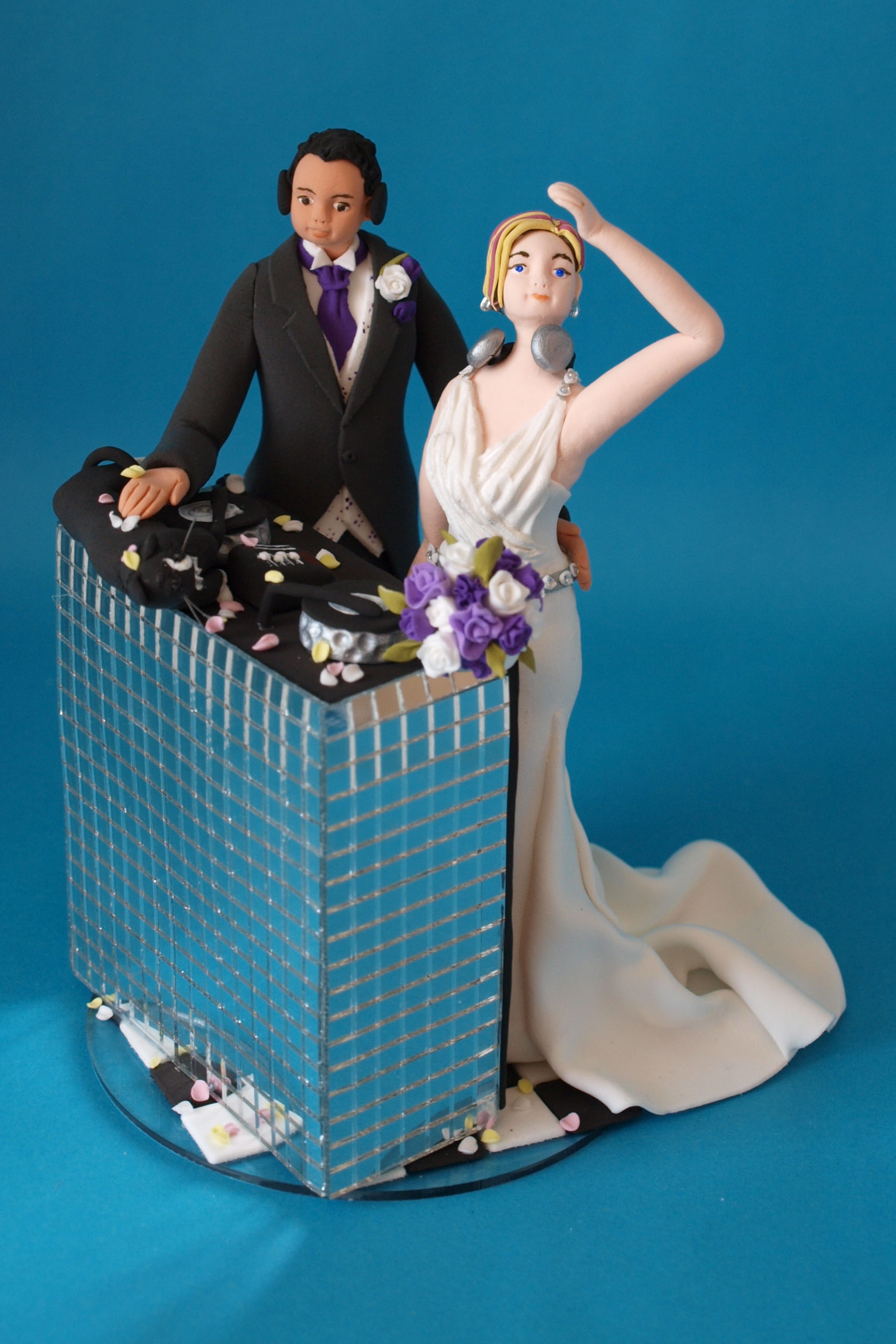 DJ bride and groom with cat wedding cake topper by Louisa Hill