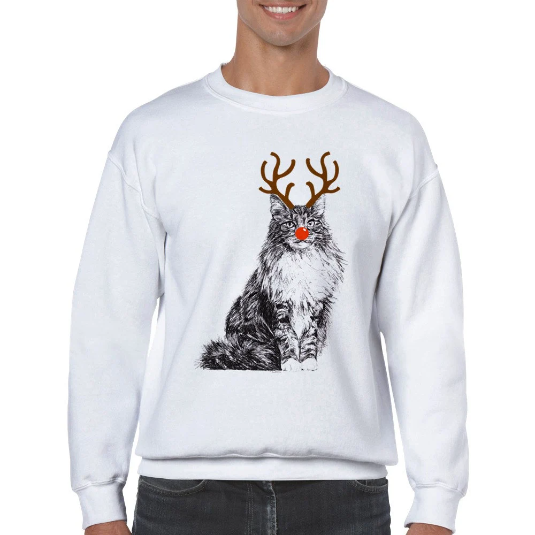 Norwegian Forest with reindeer antlers and red nose Christmas jumper by Louisa Hill