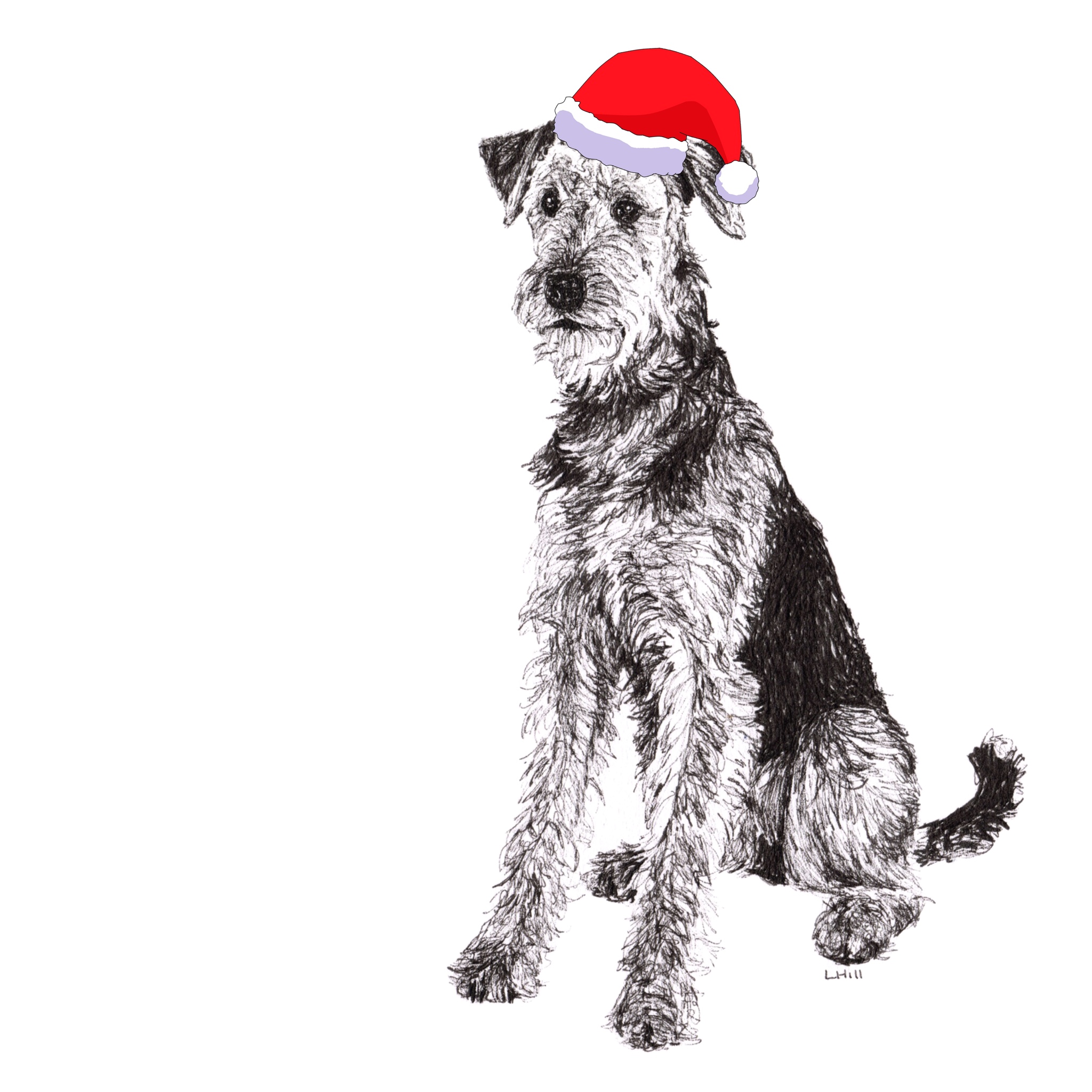 Airedale Terrier with Santa hat Christmas card by Louisa Hill