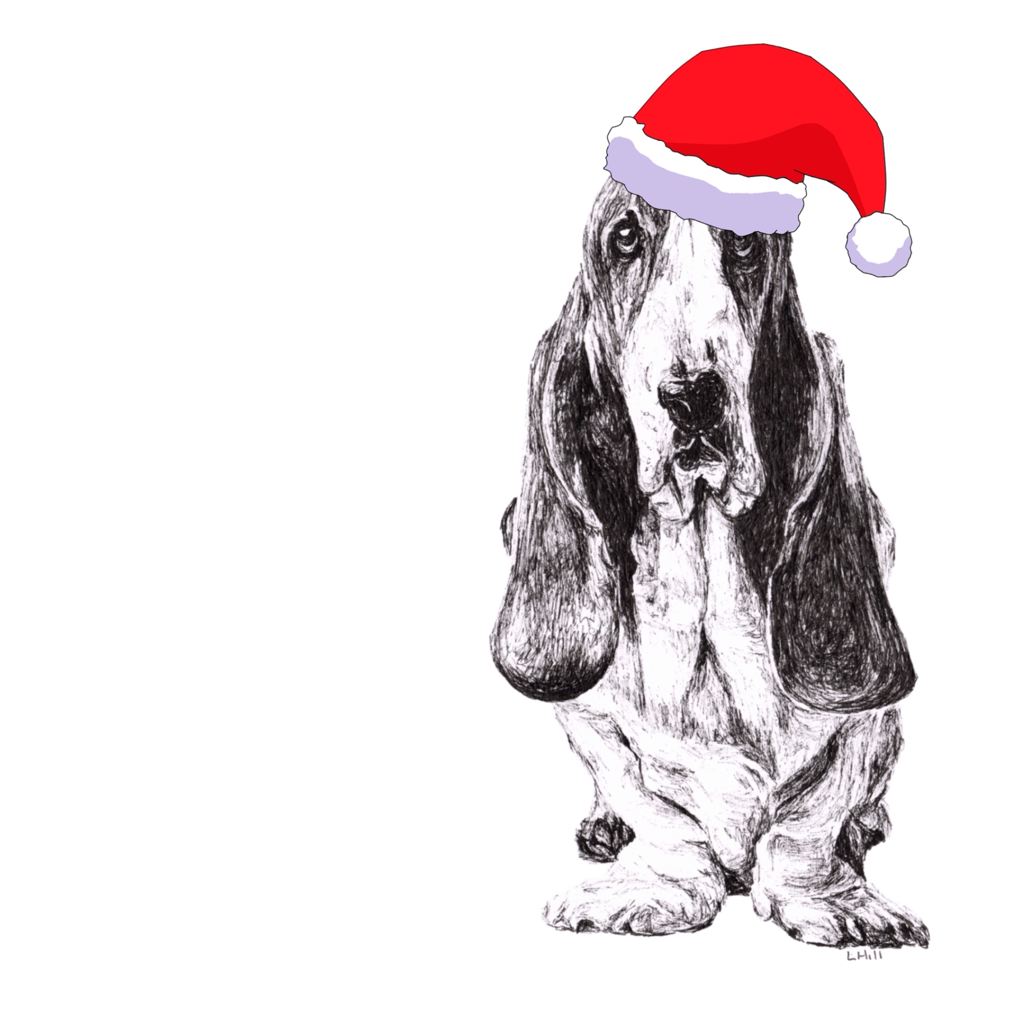 Basset Hound with Santa hat Christmas card by Louisa Hill