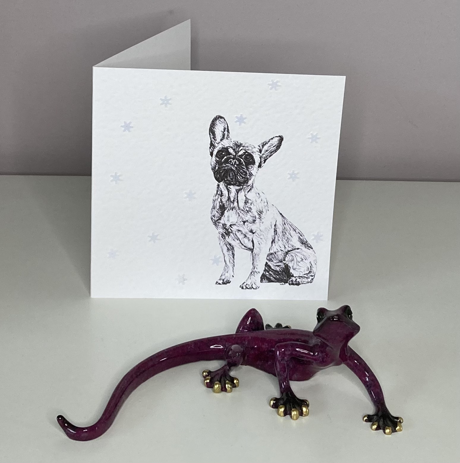 French Bulldog with snowflakes Christmas card by Louisa Hill