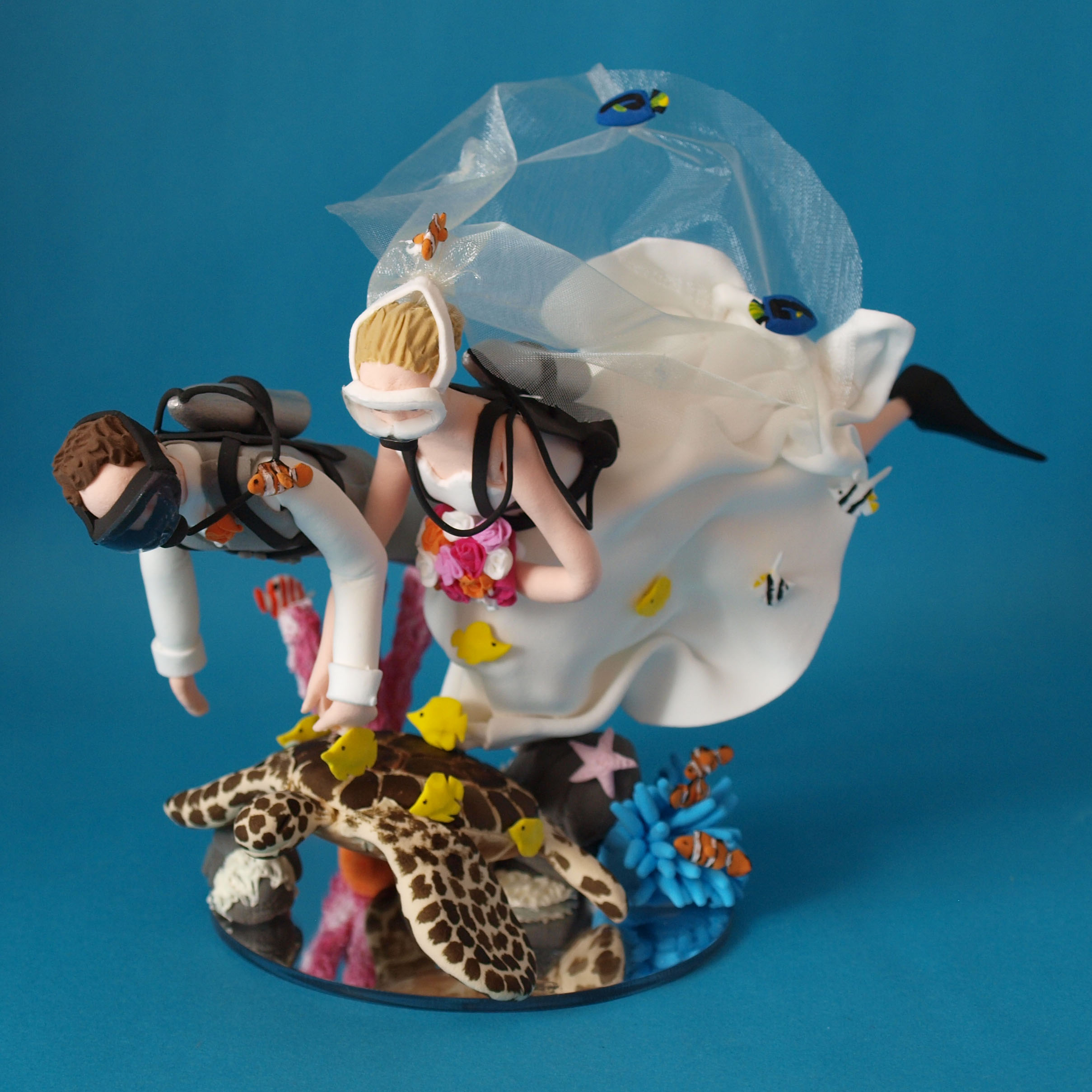 Scuba Diving Bride and groom with sea turtle wedding cake topper by Louisa Hill