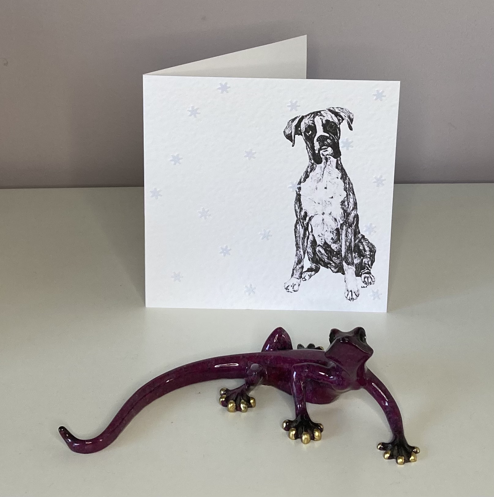 Boxer with snowflakes Christmas card by Louisa Hill