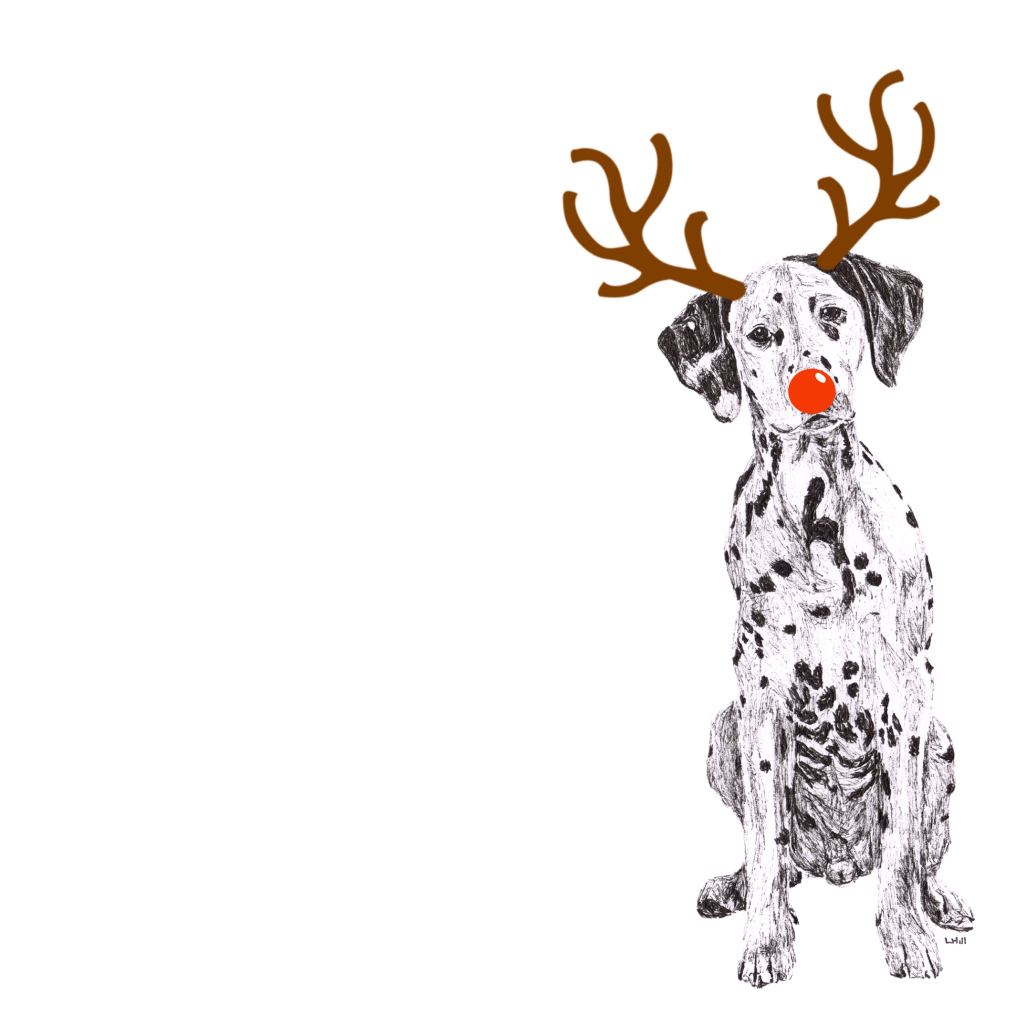 Dalmatian with reindeer antlers and red nose Christmas card by Louisa Hill