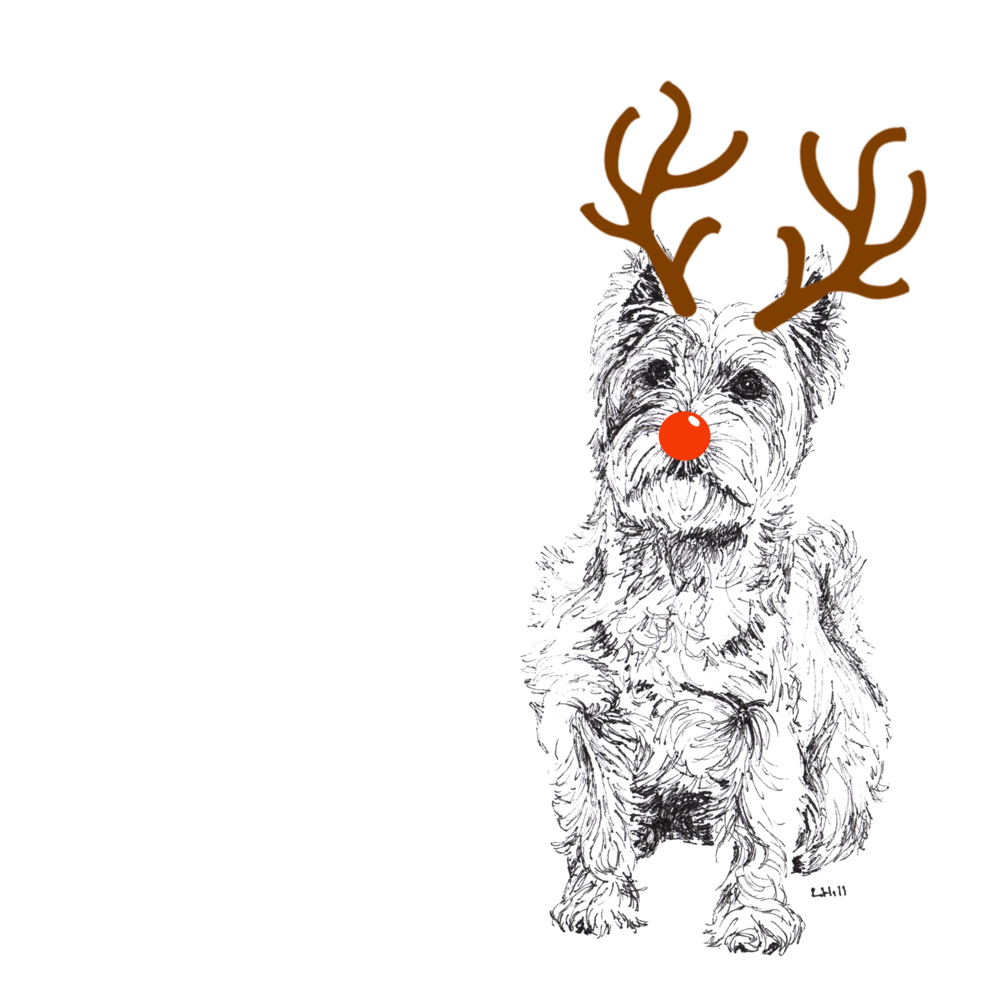 West Highland Terrier with reindeer antlers and red nose Christmas card by Louisa Hill