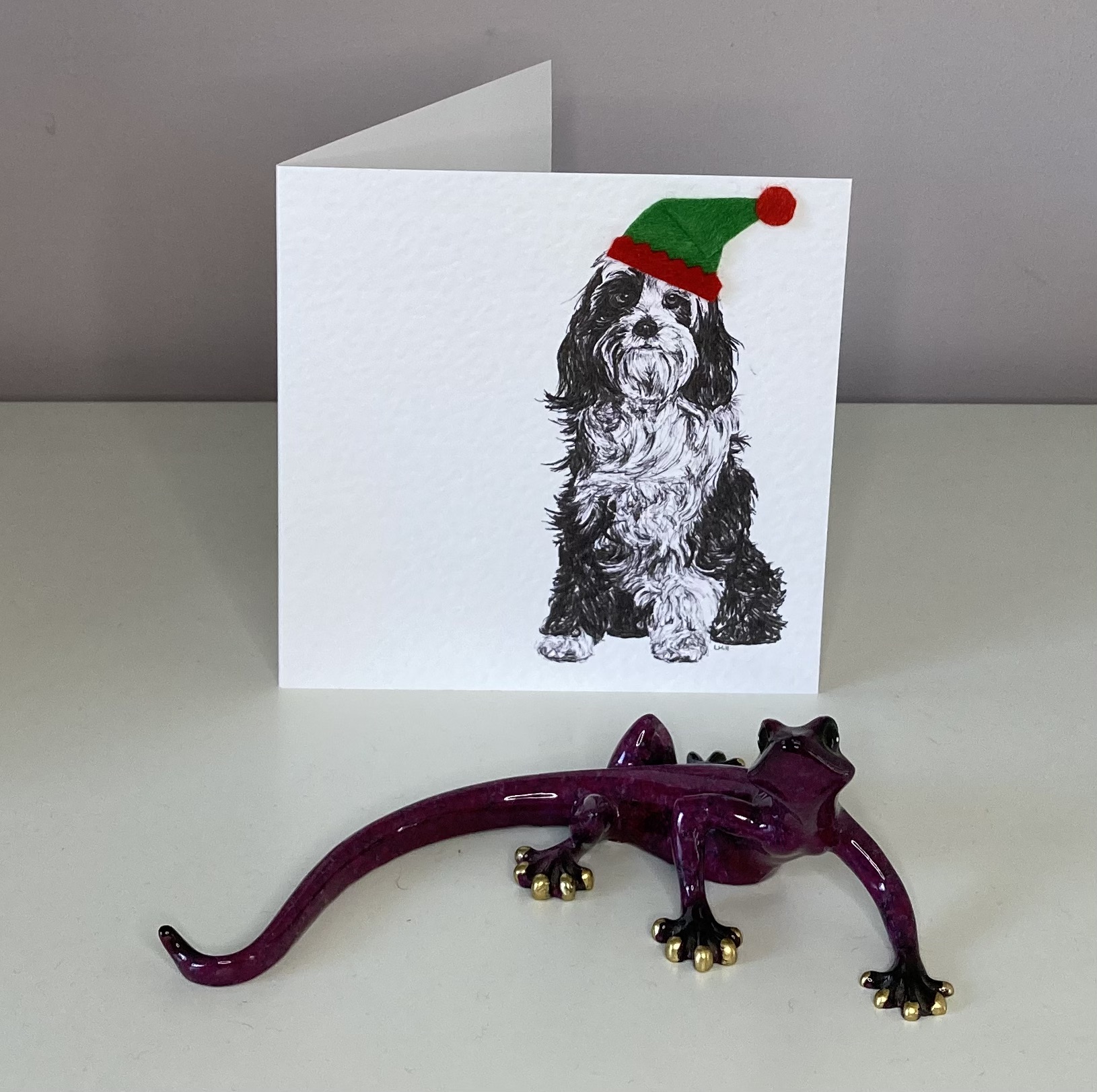 Tibetan Terrier with elf hat Christmas card by Louisa Hill