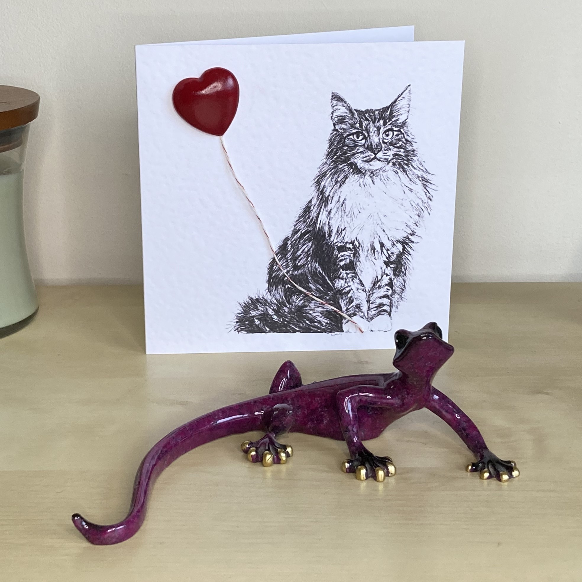 Norwegian Forest 15cm greetings card with 3D red heart balloon