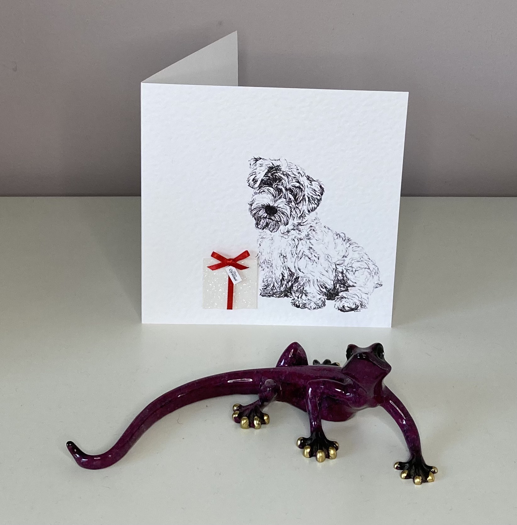 Sealyham Terrier with Christmas present Christmas card by Louisa Hill