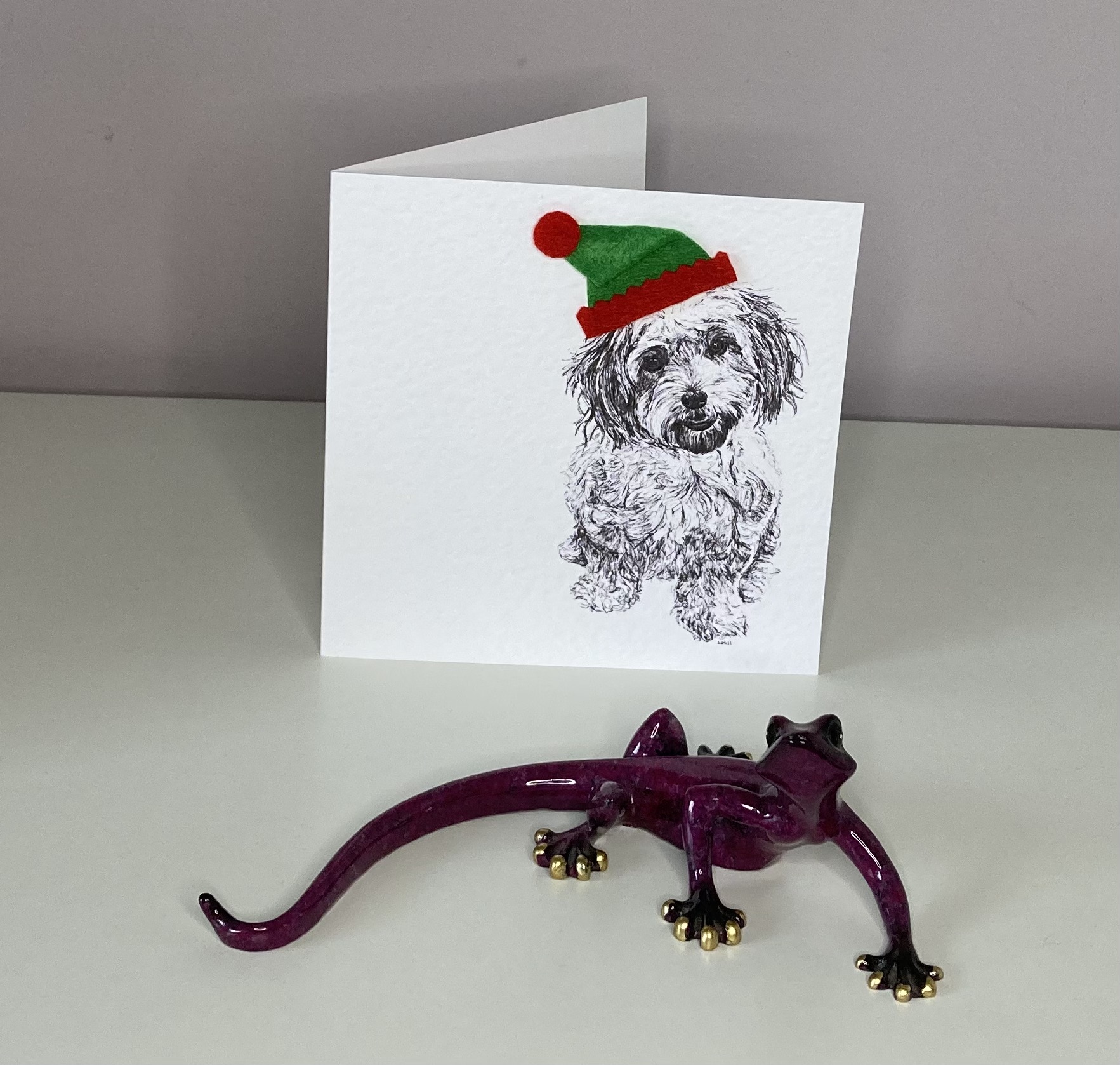 Cavachon with elf hat Christmas card by Louisa Hill