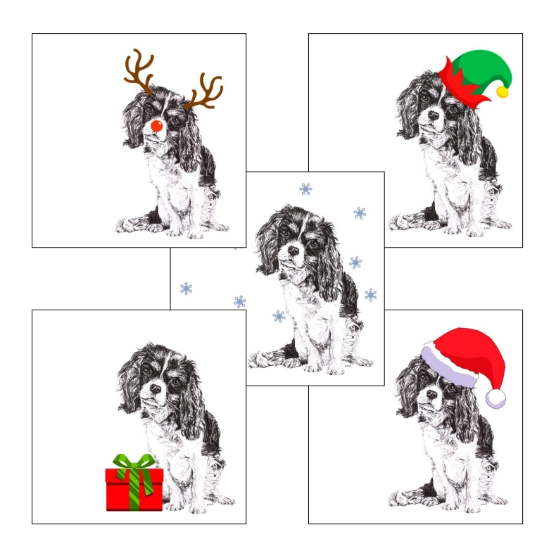 Cavalier King Charles Spaniel with Santa hat Christmas card by Louisa Hill