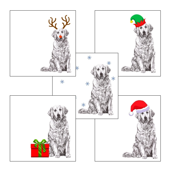 Golden Retriever with reindeer antlers and red nose Christmas card by Louisa Hill