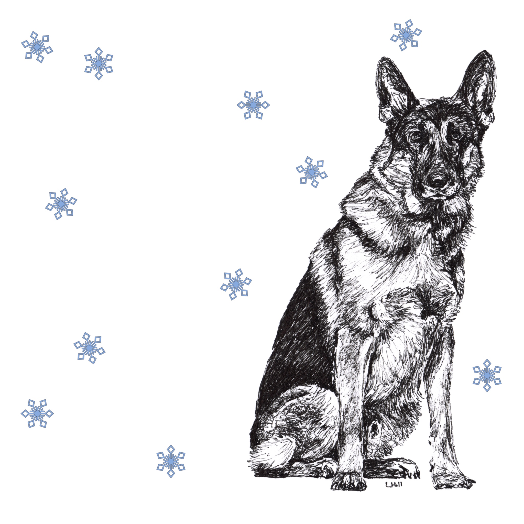 German Shepherd with reindeer antlers and red nose Christmas card by Louisa Hill