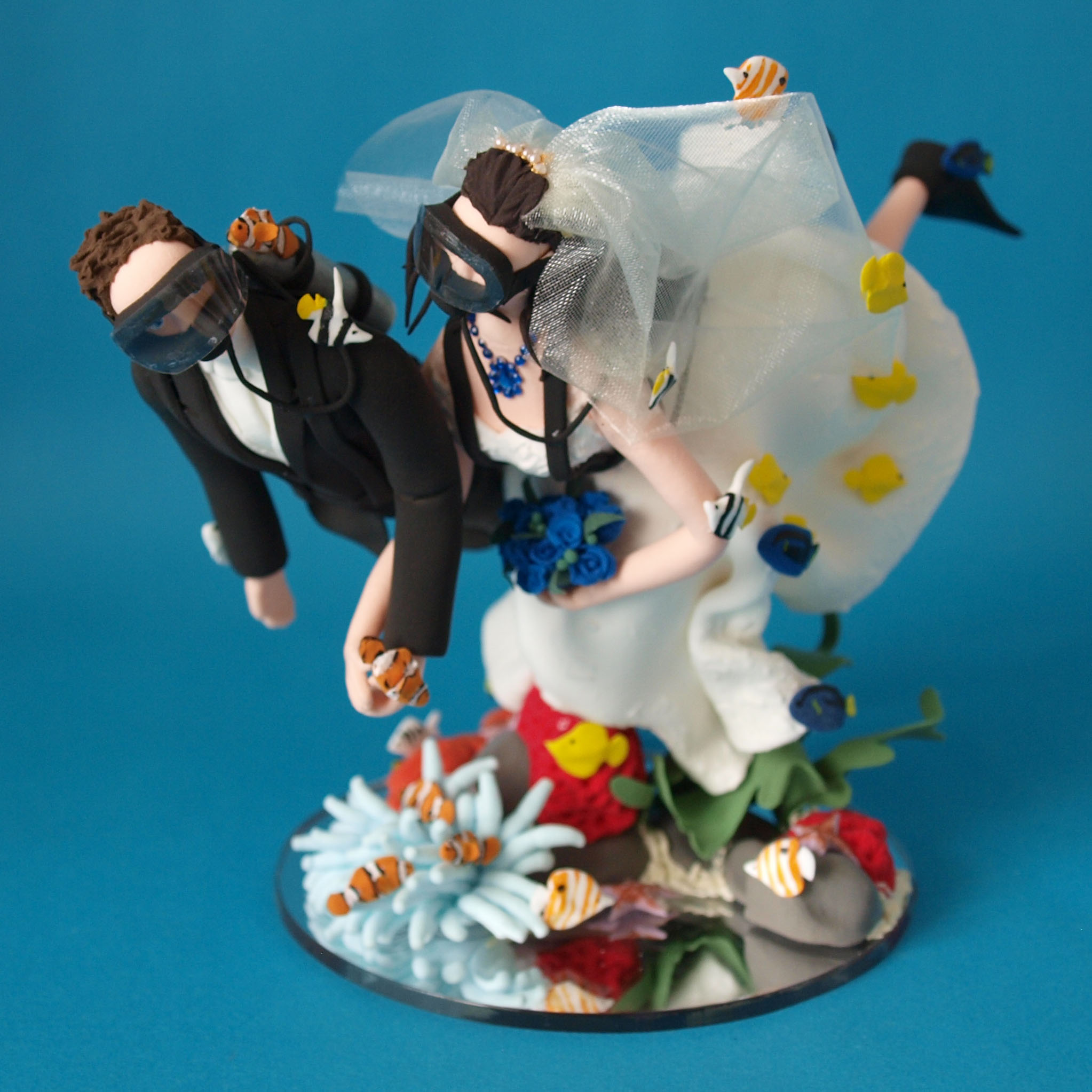 Scuba Diving Bride and groom wedding cake topper by Louisa Hill