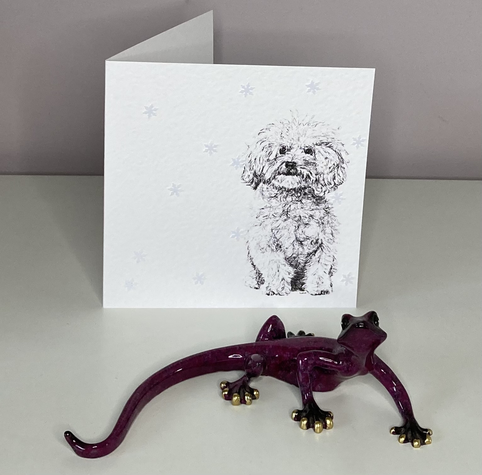 Bichon Frise with snowflakes Christmas card by Louisa Hill