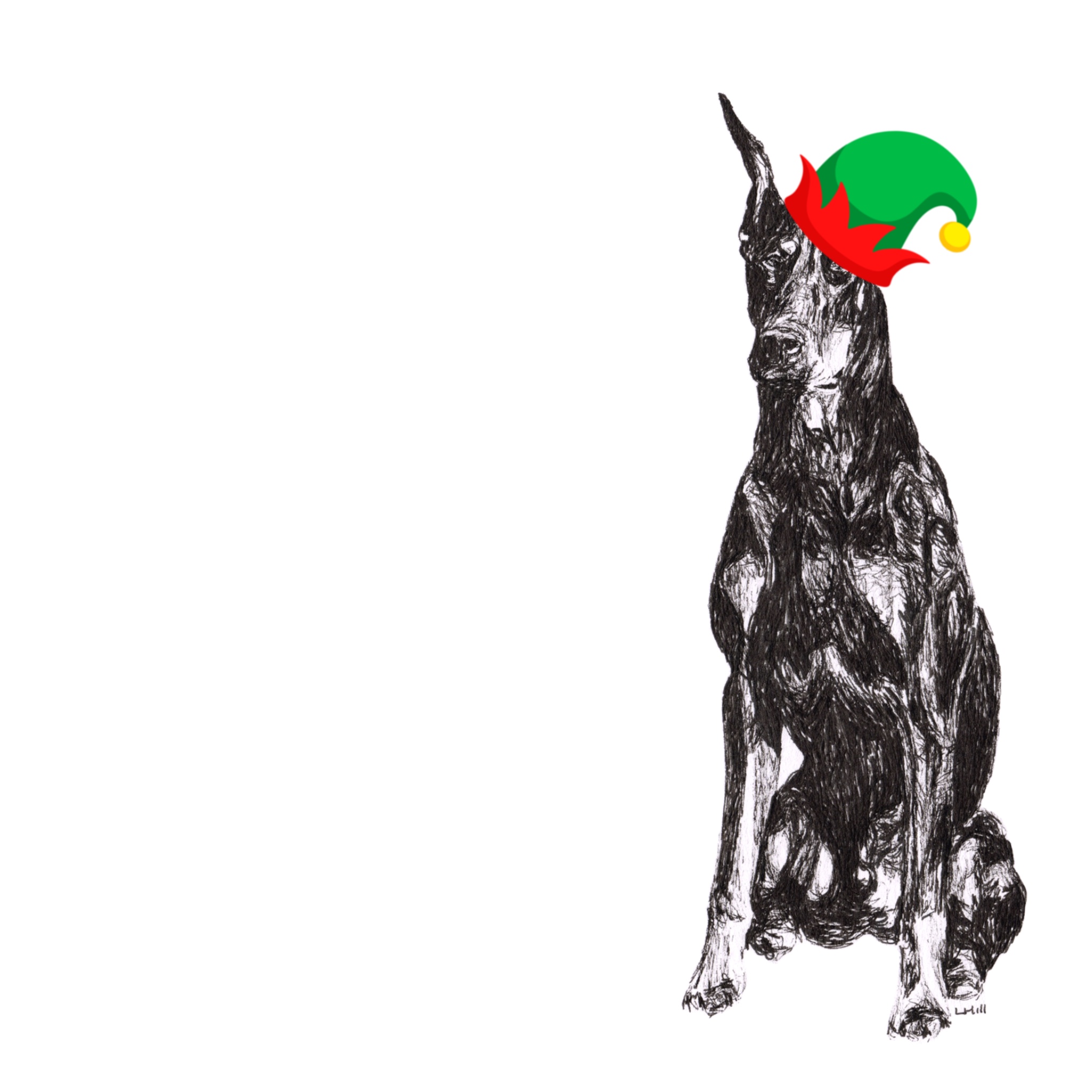 Doberman Pinscher with reindeer antlers and red nose  Christmas card by Louisa Hill