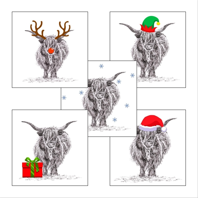 Highland Cattle with santa hat Christmas card by Louisa Hill