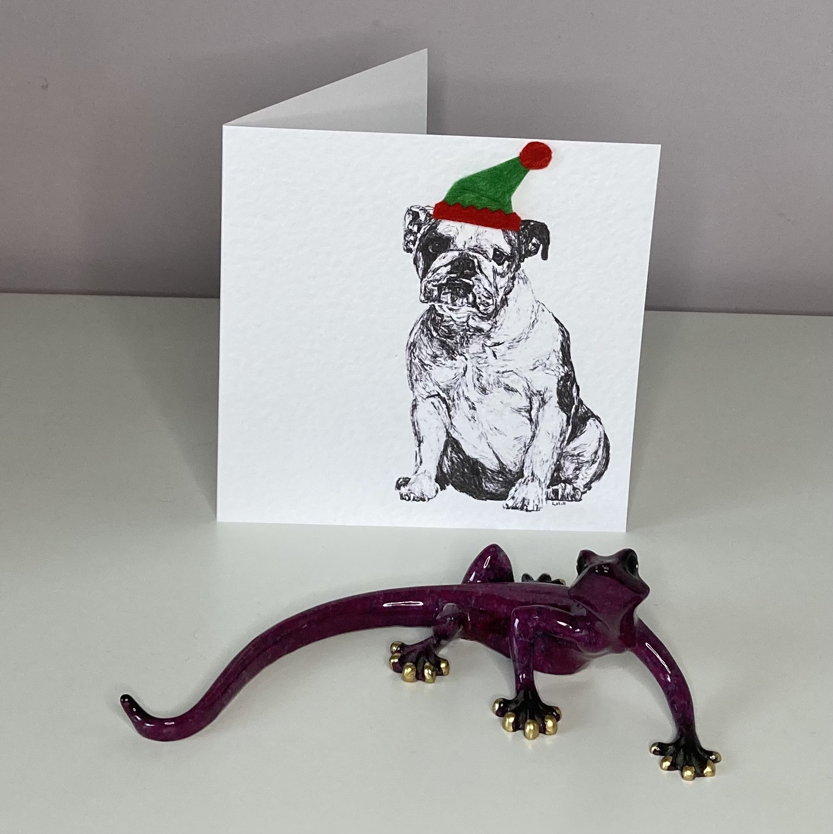 English Bulldog with elf hat Christmas card by Louisa Hill