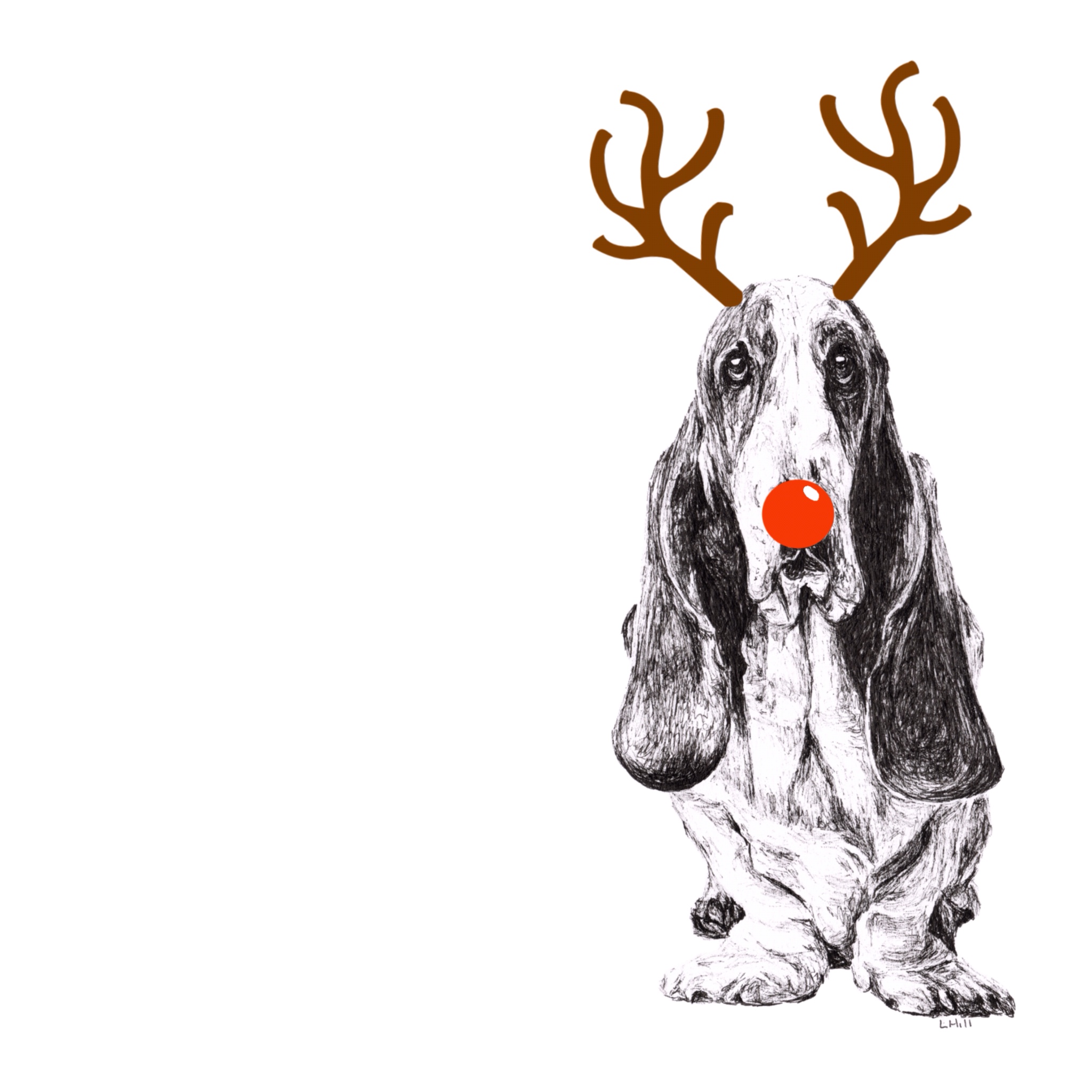 Basset Hound with reindeer antlers and red nose Christmas card by Louisa Hill