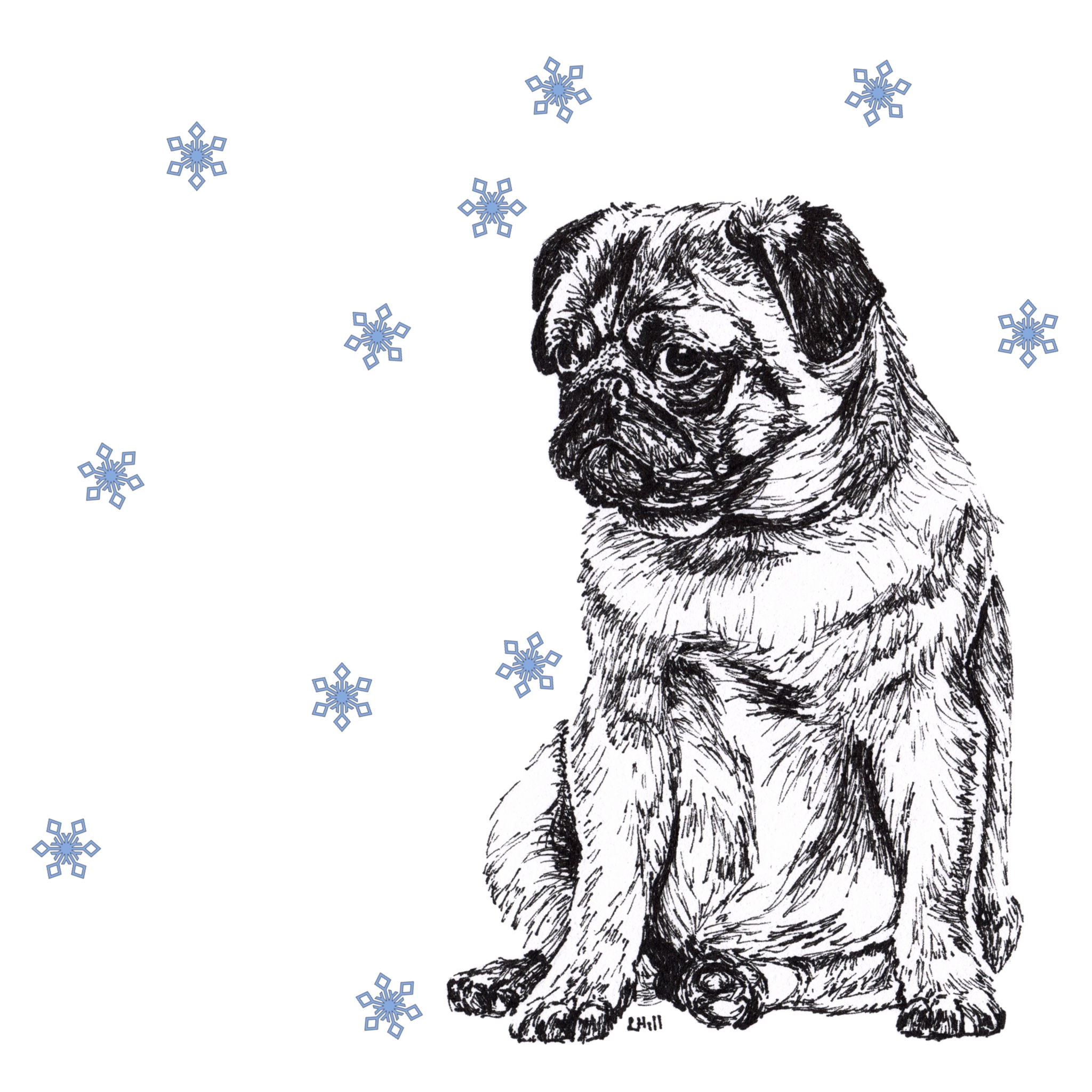 Pug with reindeer antlers and red nose Christmas card by Louisa Hill