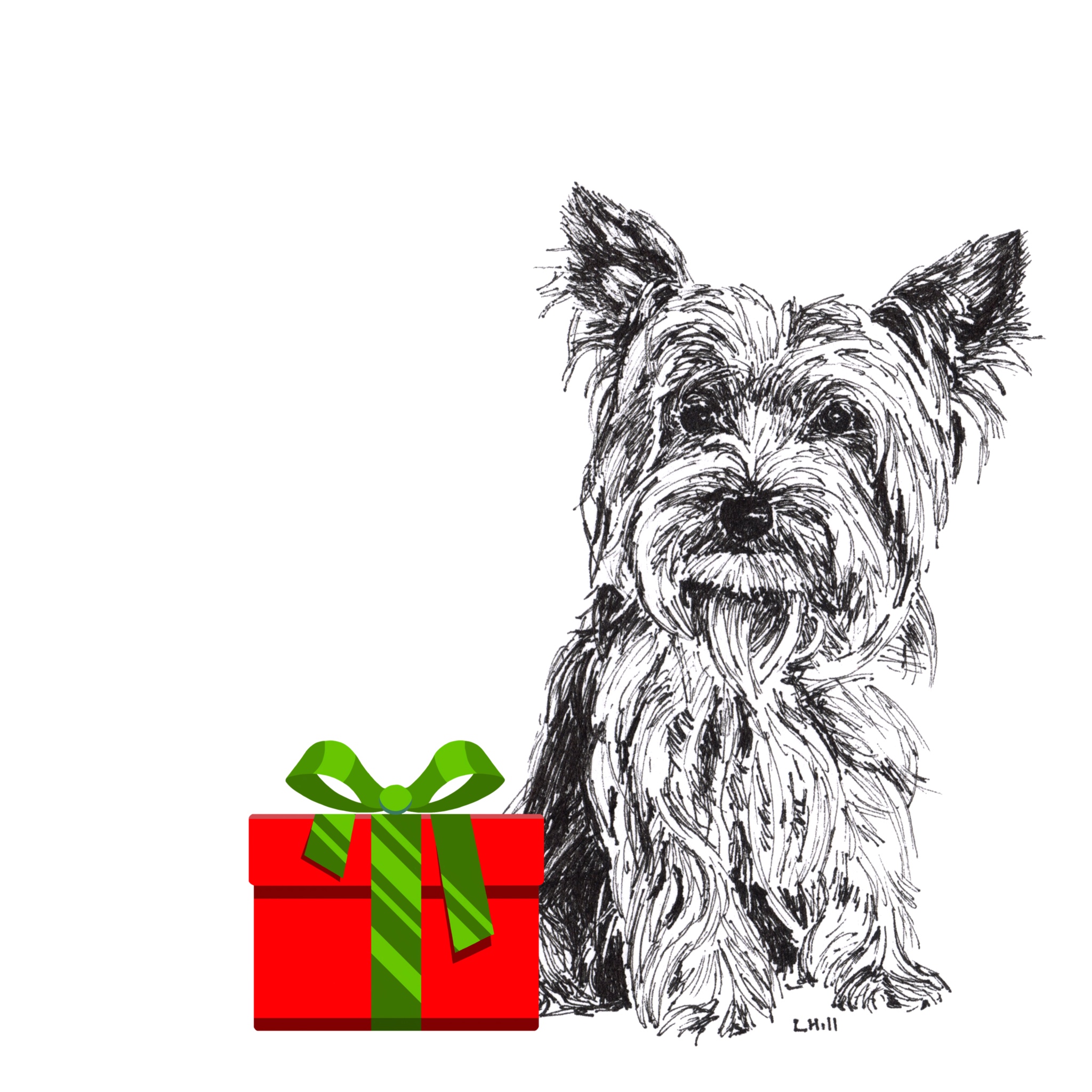 Yorkshire Terrier with Santa hat Christmas card by Louisa Hill