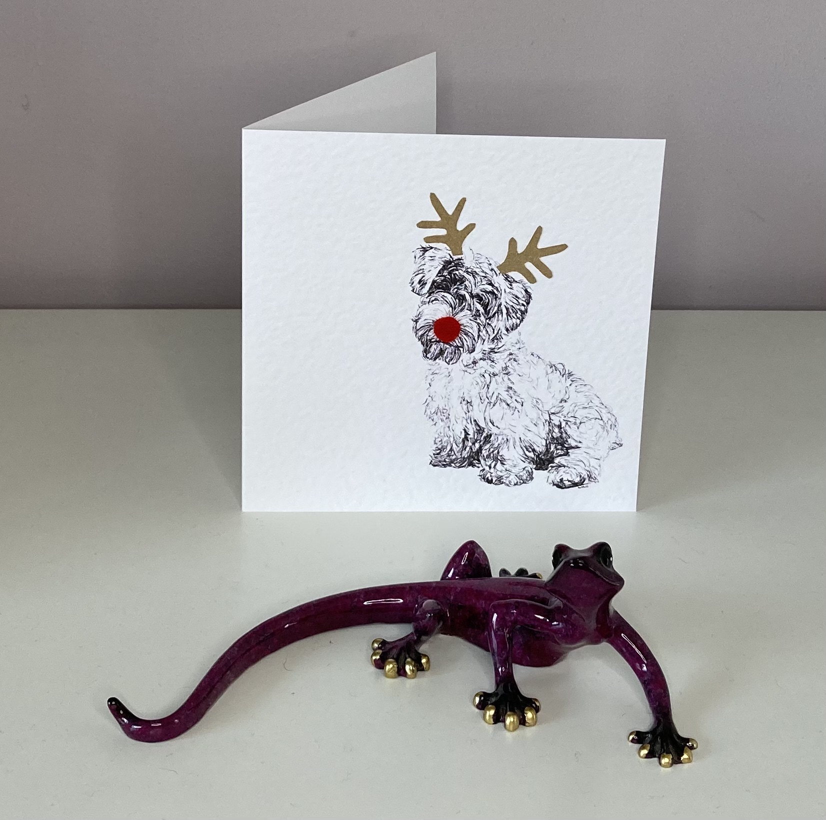 Sealyham Terrier with reindeer antlers and red nose Christmas card by Louisa Hill