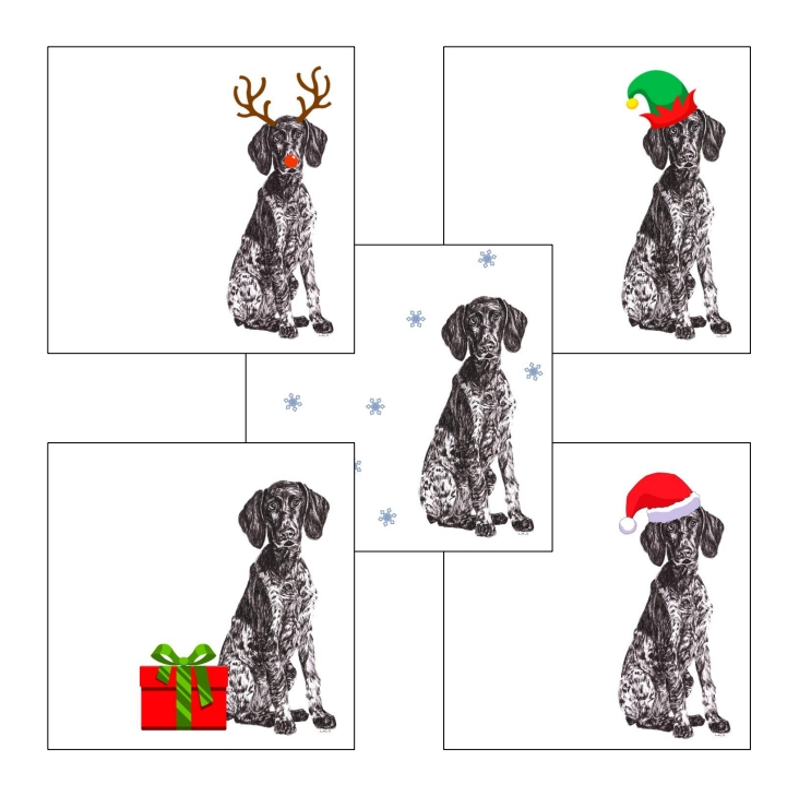 German Short Haired Pointer with reindeer antlers and red nose Christmas card by Louisa Hill