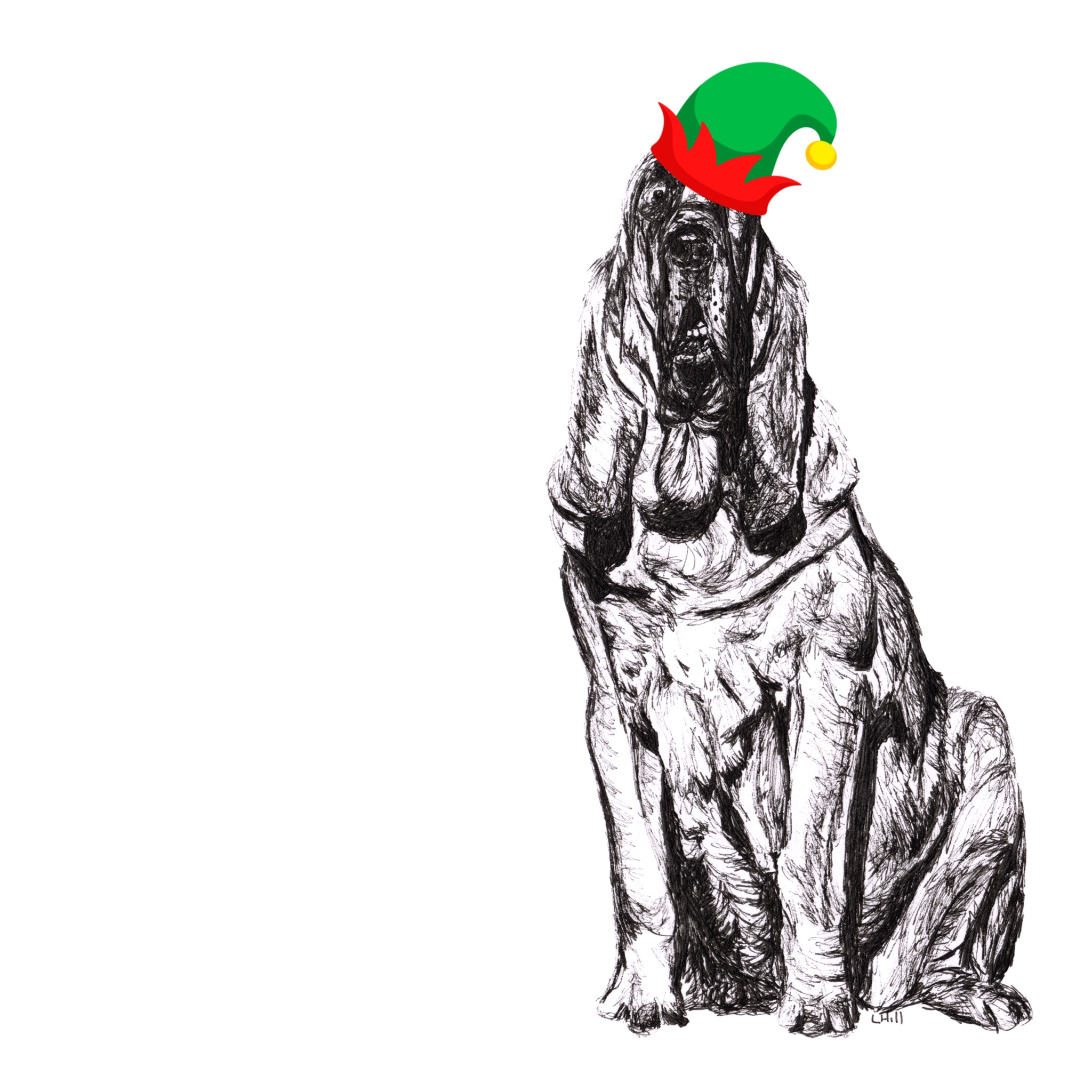 Bloodhound with Santa hat Christmas card by Louisa Hill