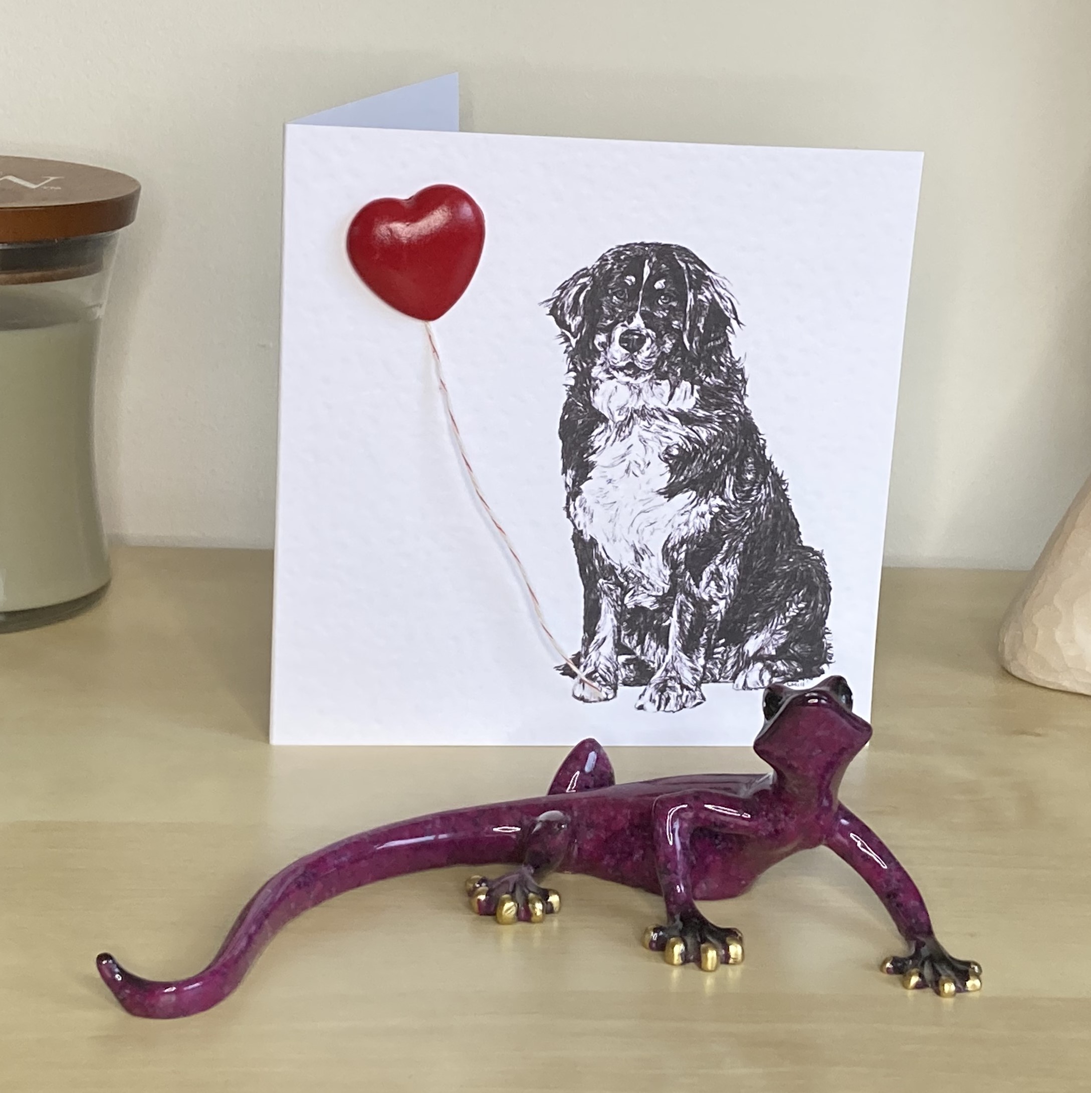 Bernese Mountain 15cm greetings card with 3D red heart balloon