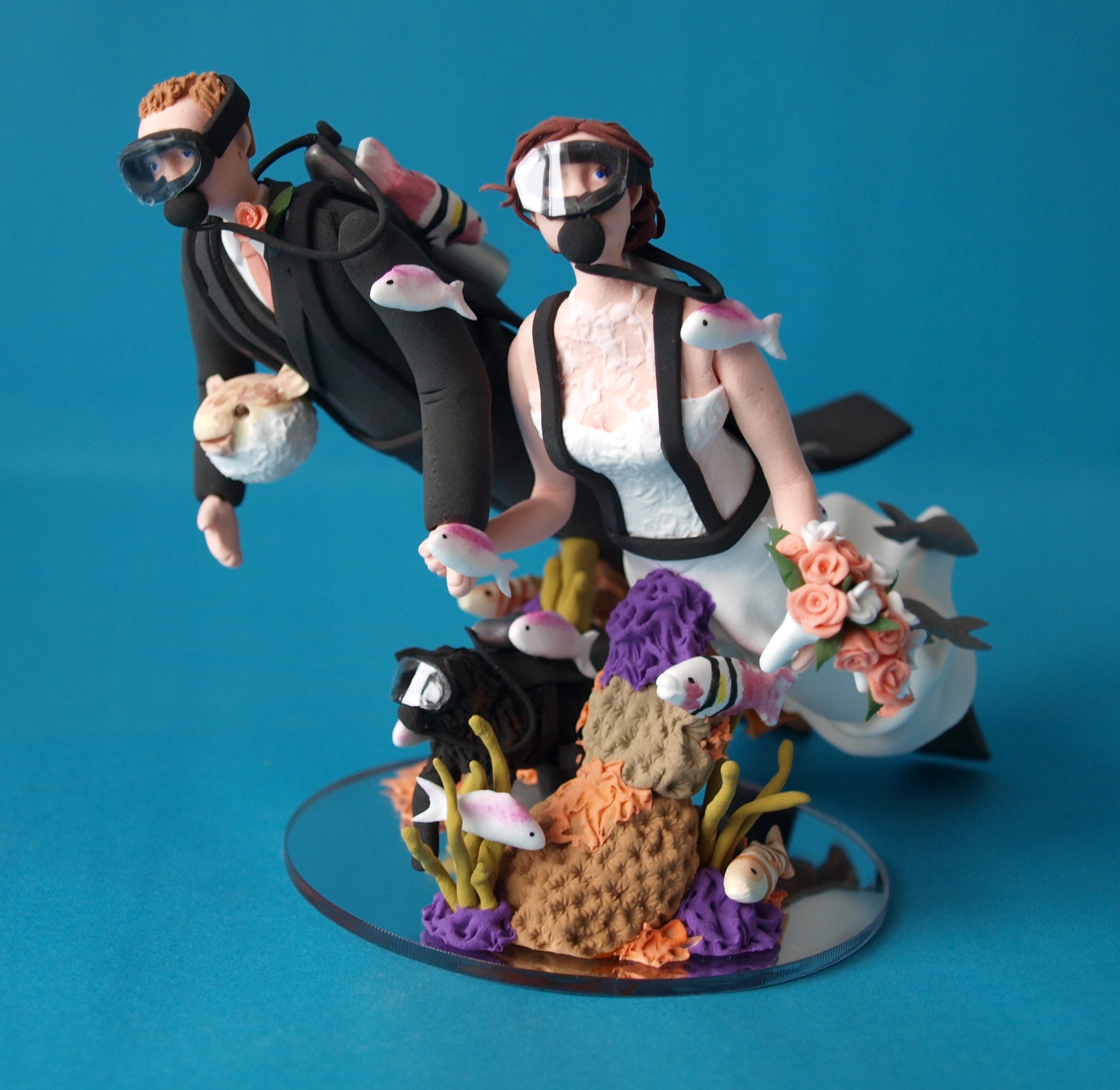 Scuba Diving Bride and groom with scuba diving dog and puffer fish wedding cake topper by Louisa Hill