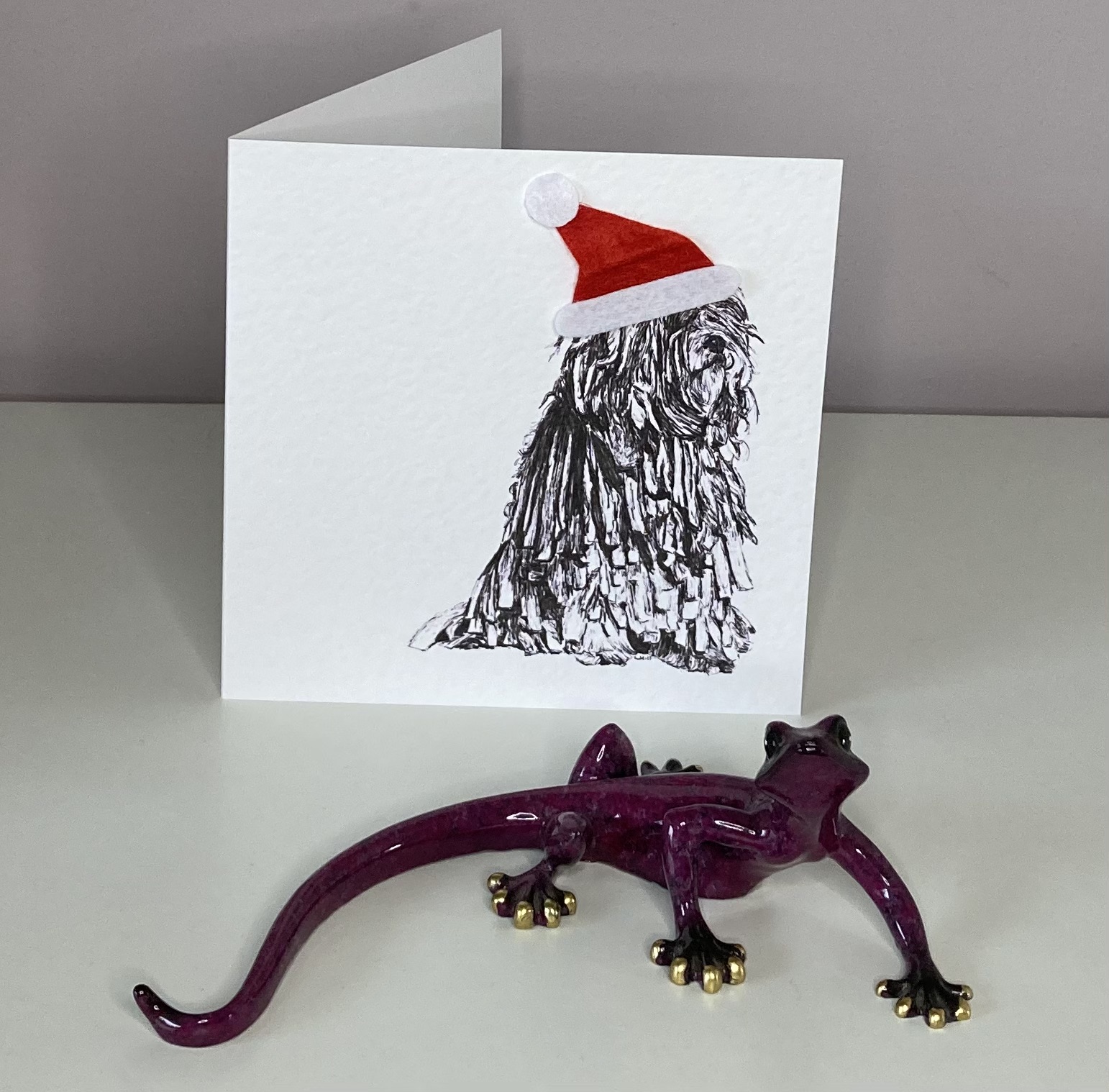 Bergamasco with Santa hat Christmas card by Louisa Hill