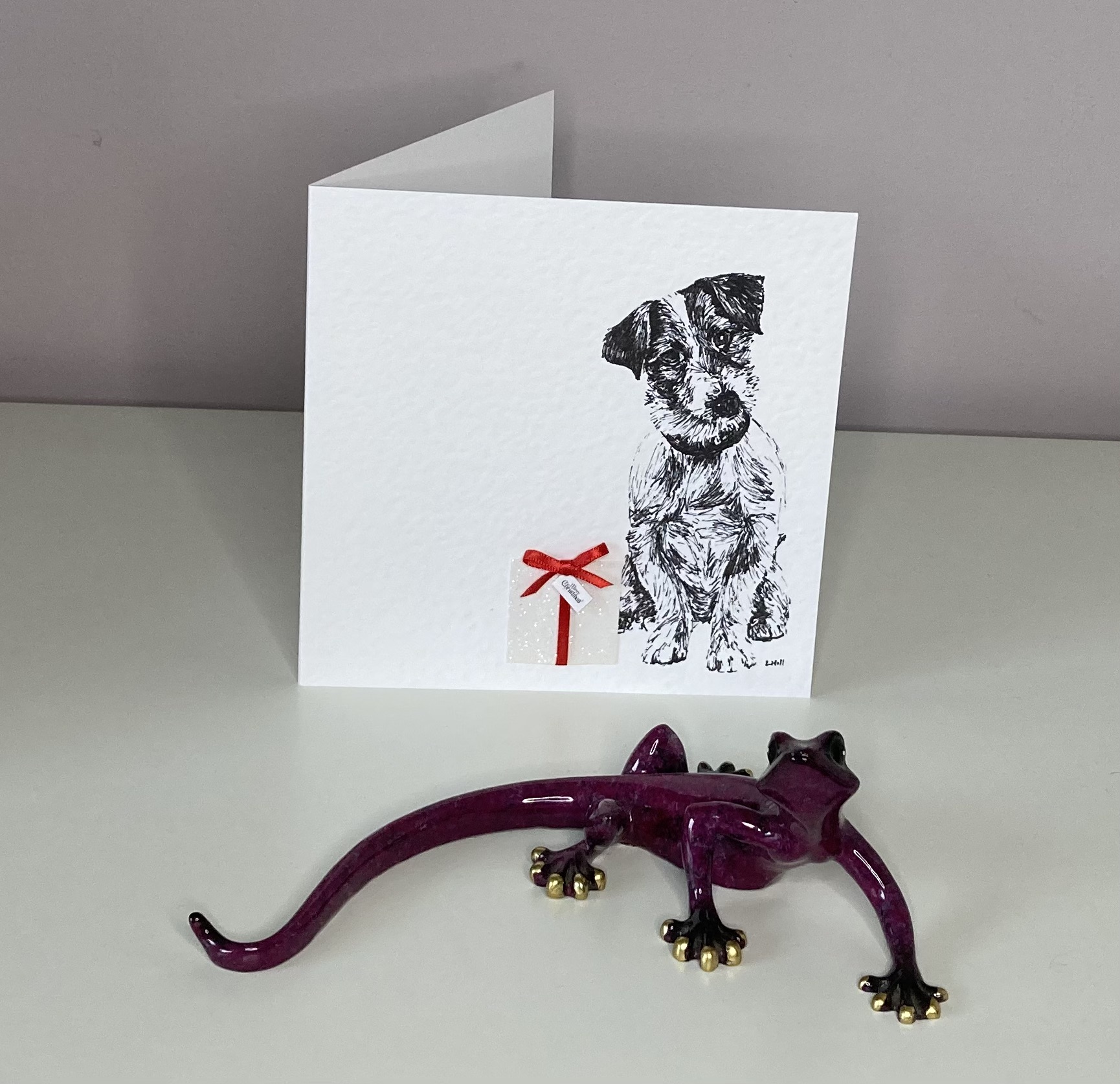 Jack Russell Terrier with Christmas present Christmas card by Louisa Hill