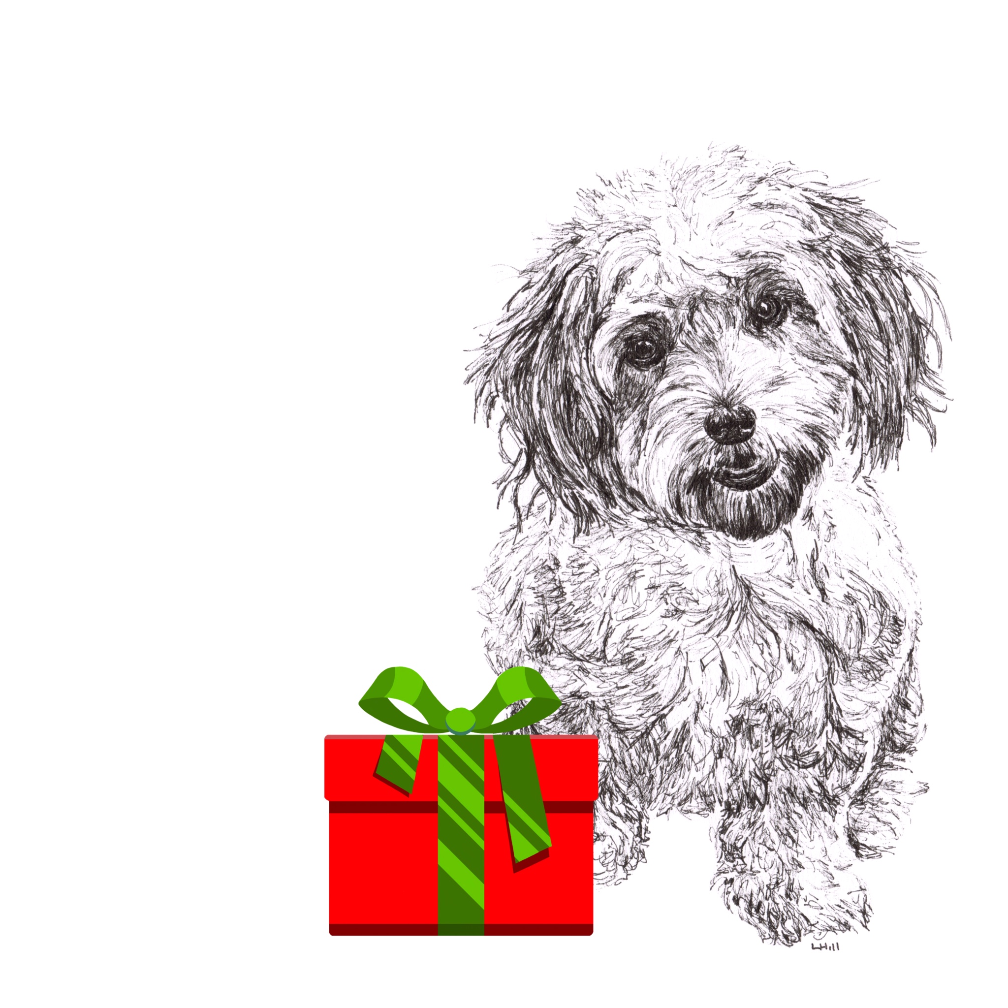 Cavachon with Santa hat Christmas card by Louisa Hill