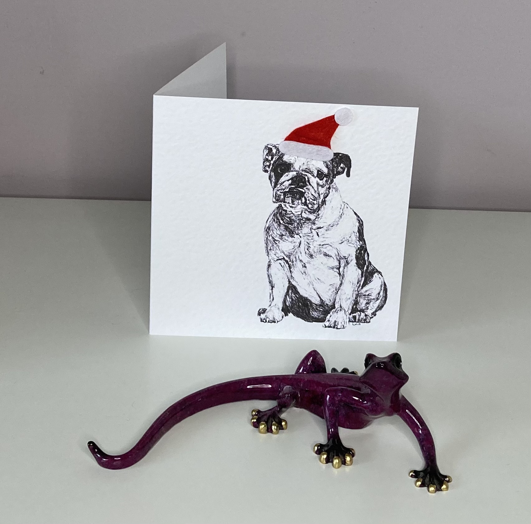 English Bulldog with Santa hat Christmas card by Louisa Hill