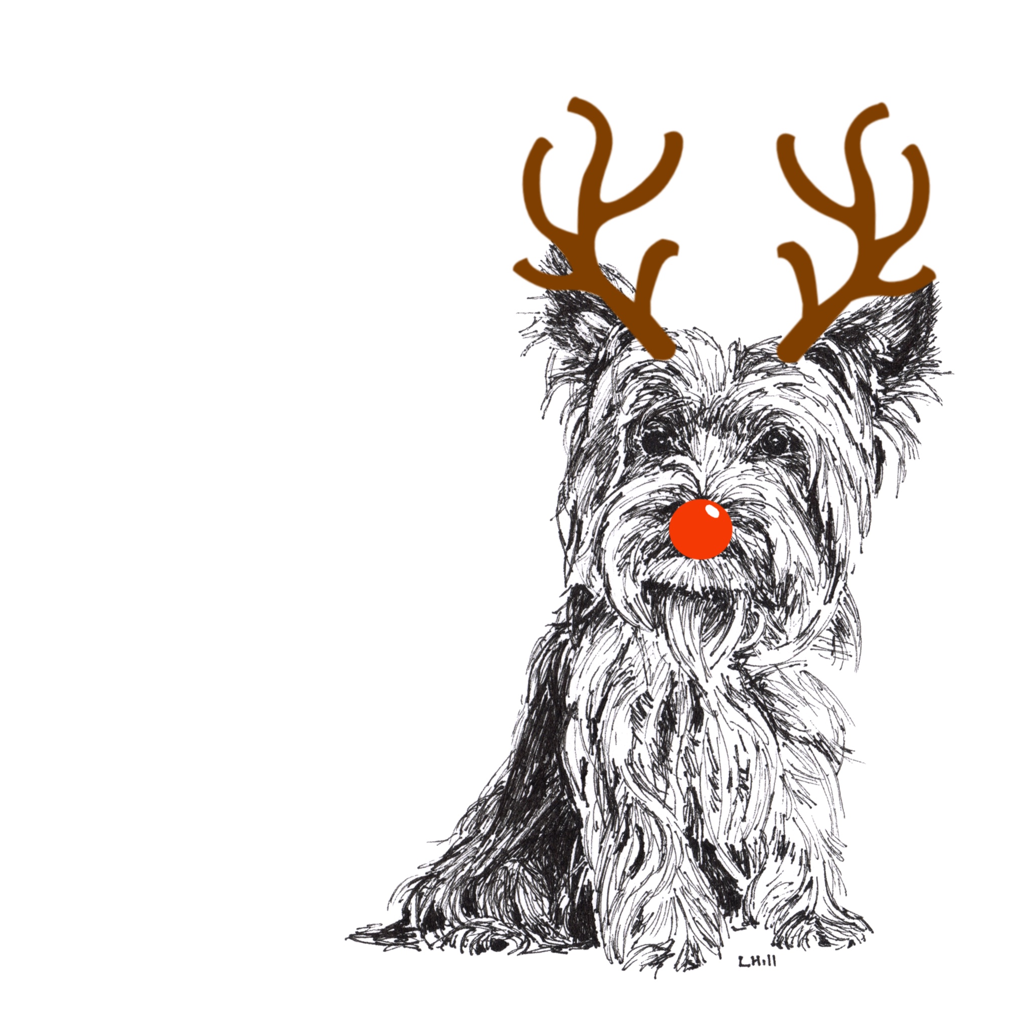 Yorkshire Terrier with reindeer antlers and red nose Christmas card by Louisa Hill