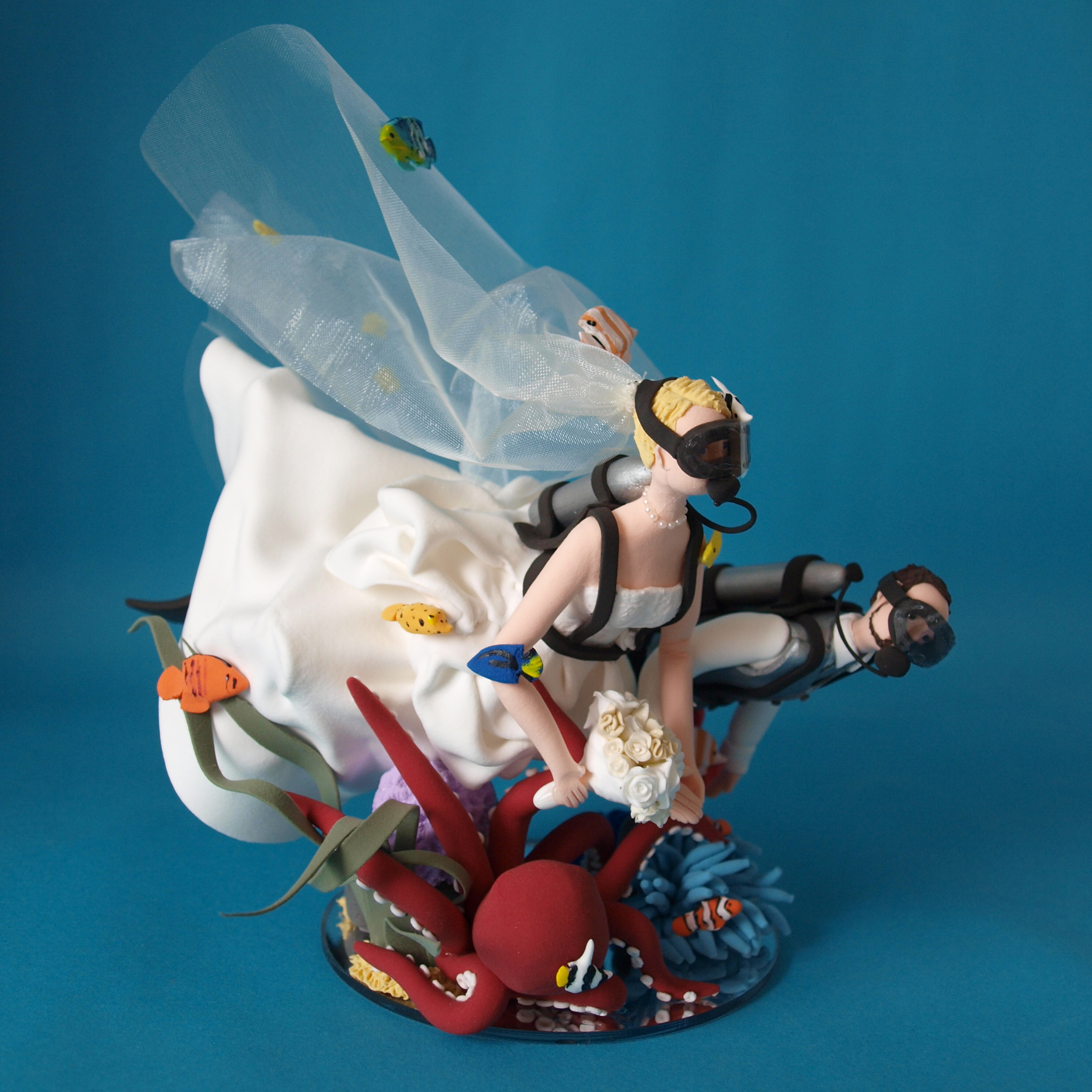 Scuba Diving Bride and groom octopus wedding cake topper by Louisa Hill